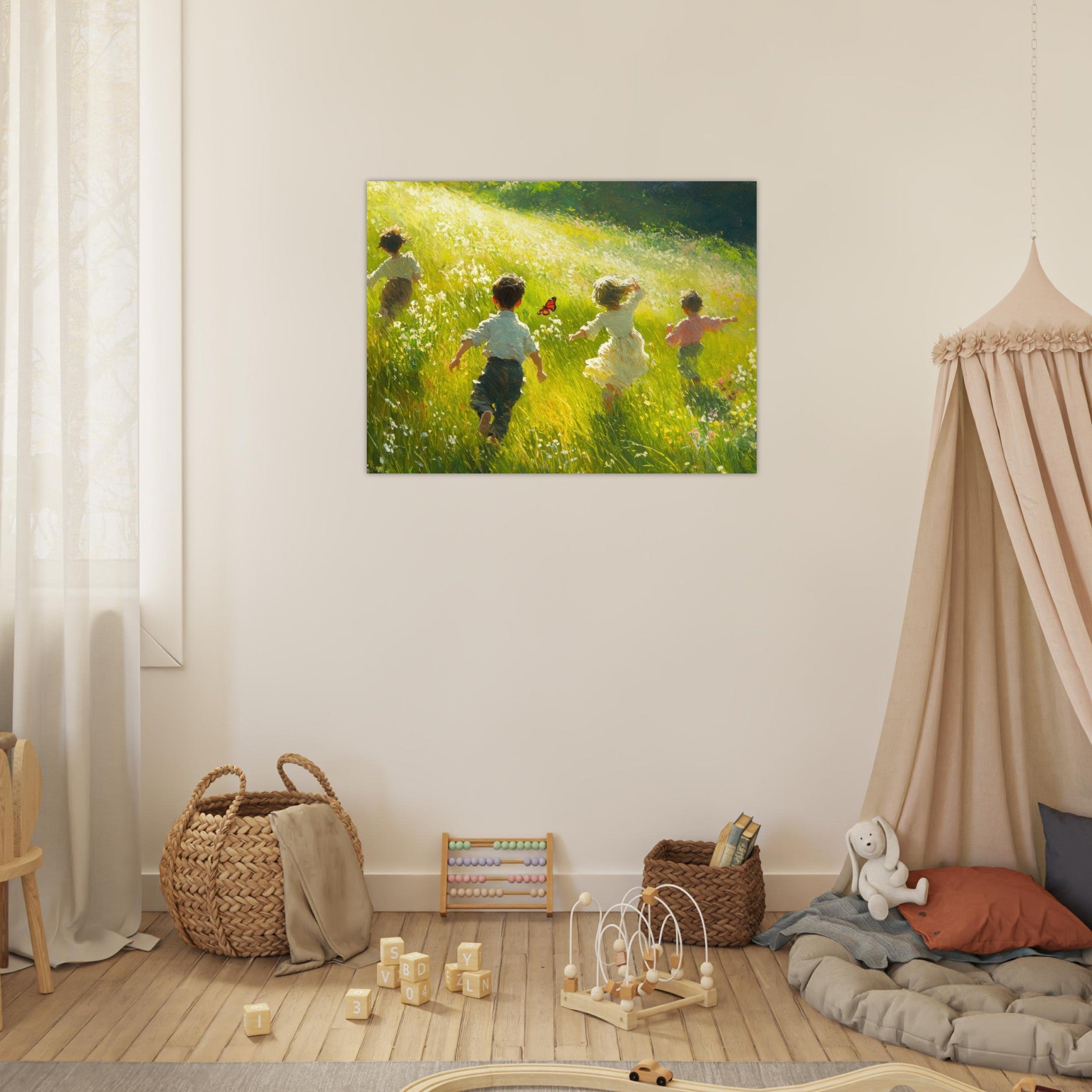 Fine Art Poster Landscape - Children Playing in a Meadow A sunlit country 3 - Shop Ai Art WebShop - Digital Art online Store