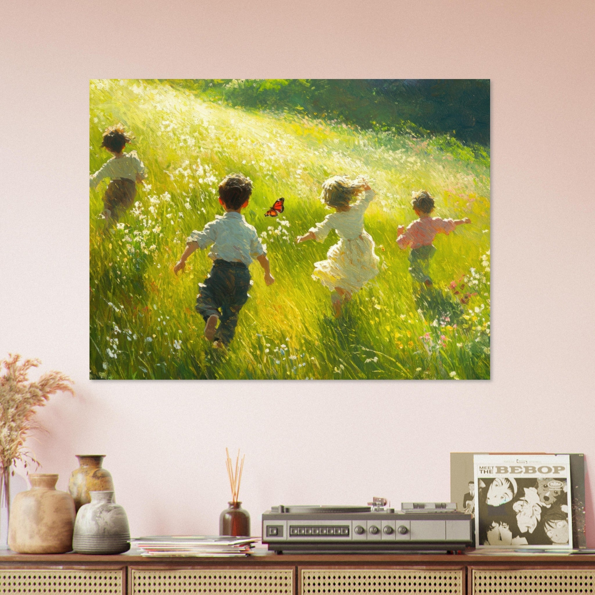 Fine Art Poster Landscape - Children Playing in a Meadow A sunlit country 3 - Shop Ai Art WebShop - Digital Art online Store