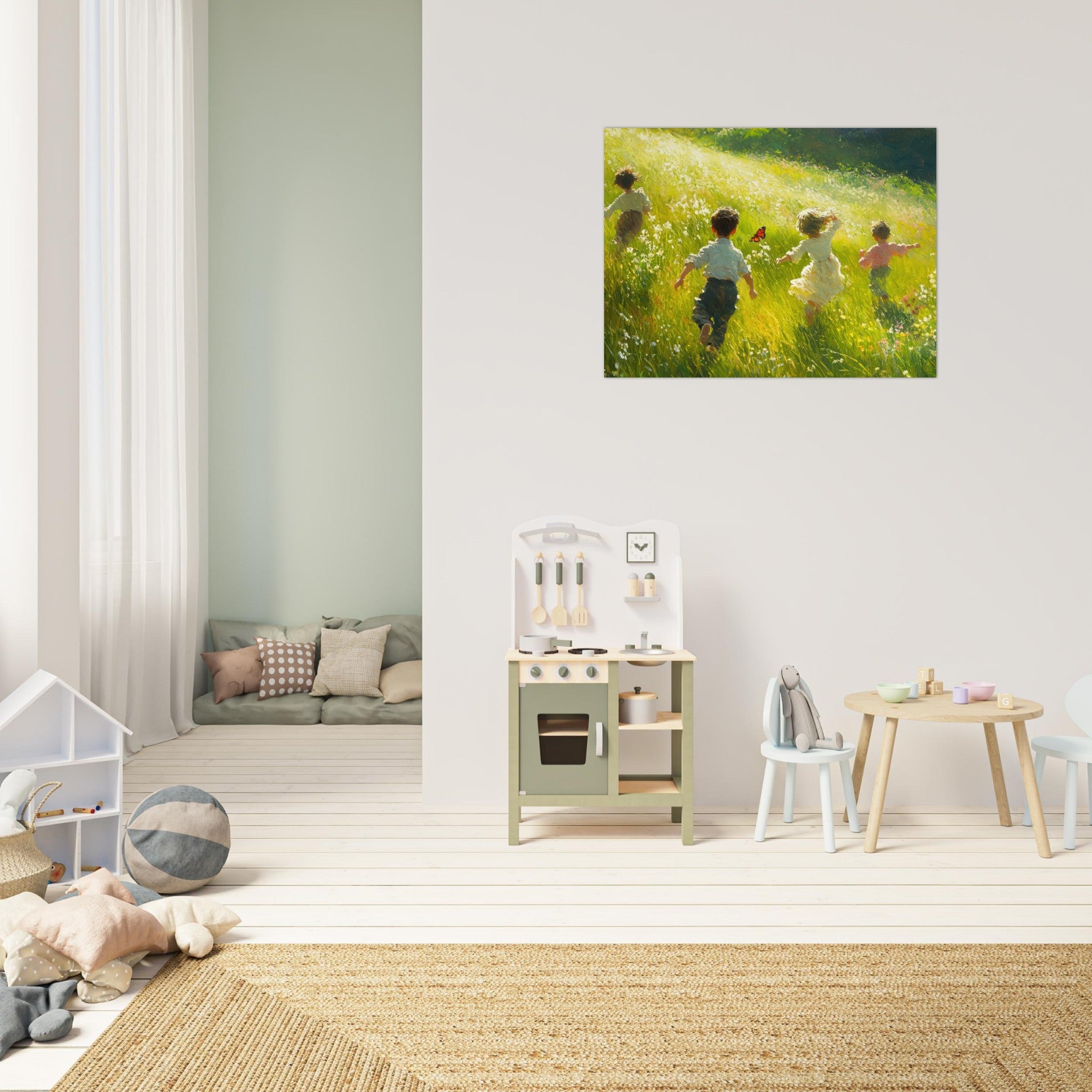 Fine Art Poster Landscape - Children Playing in a Meadow A sunlit country 3 - Shop Ai Art WebShop - Digital Art online Store