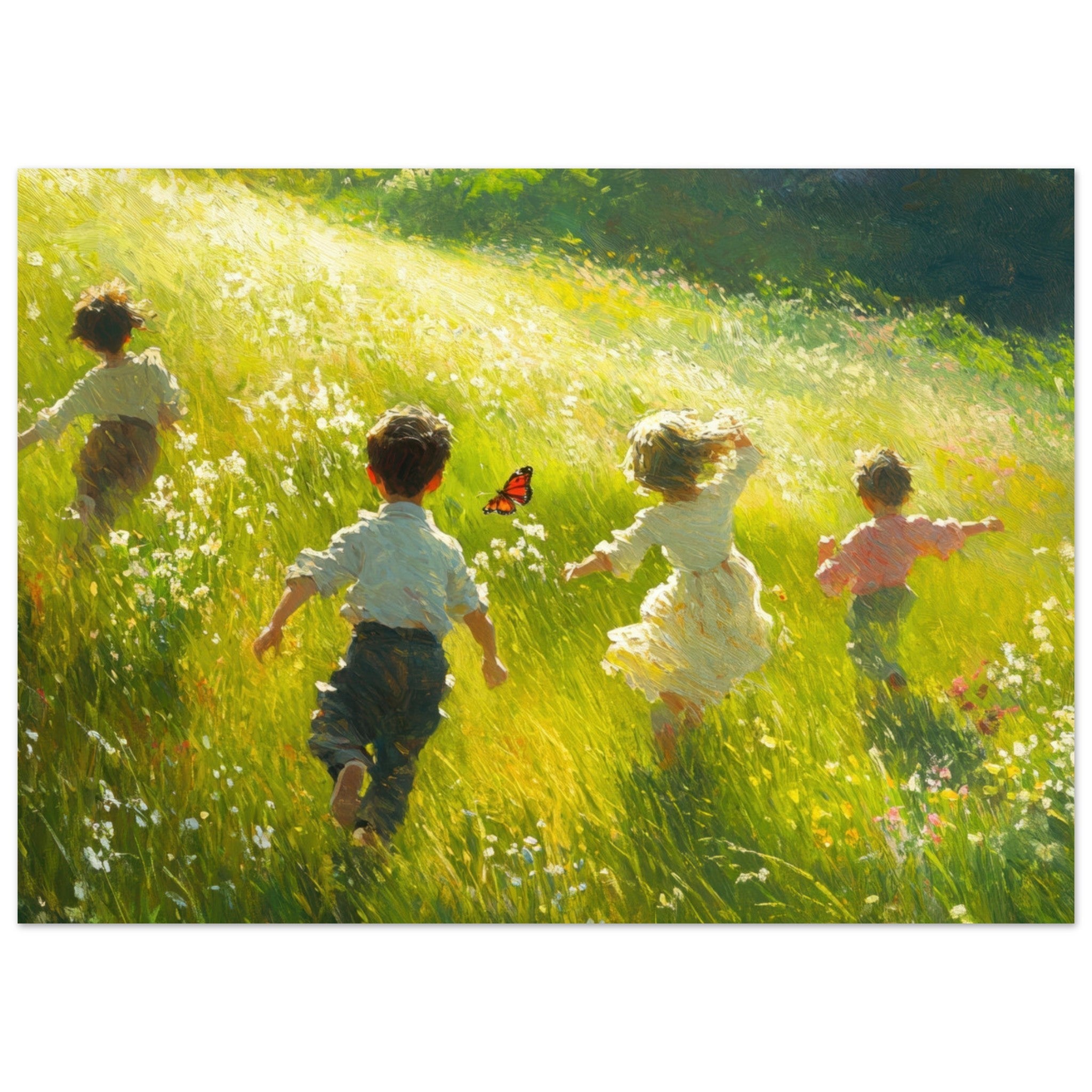 Fine Art Poster Landscape - Children Playing in a Meadow A sunlit country 3 - Shop Ai Art WebShop - Digital Art online Store