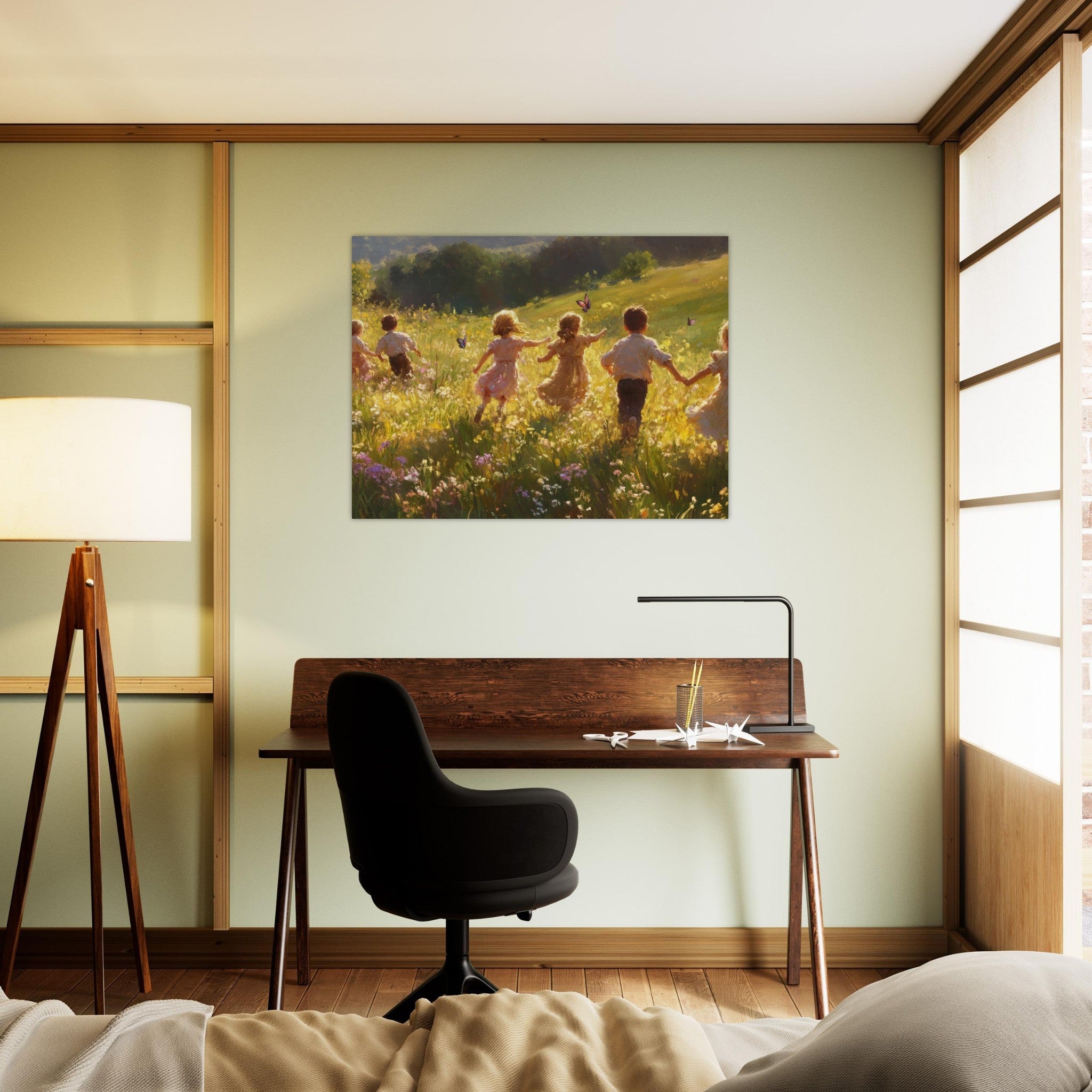 Fine Art Poster Landscape - Children Playing in a Meadow A sunlit country - Shop Ai Art WebShop - Digital Art online Store