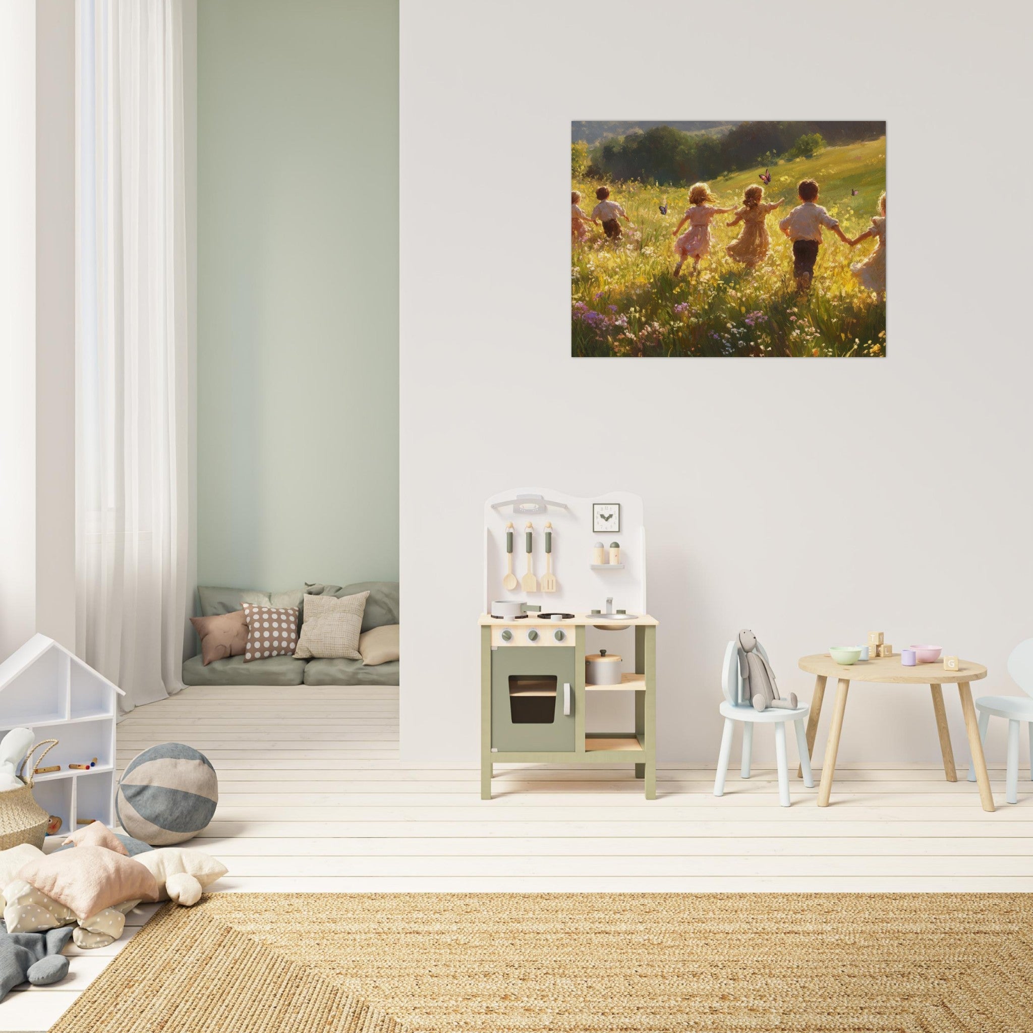 Fine Art Poster Landscape - Children Playing in a Meadow A sunlit country - Shop Ai Art WebShop - Digital Art online Store