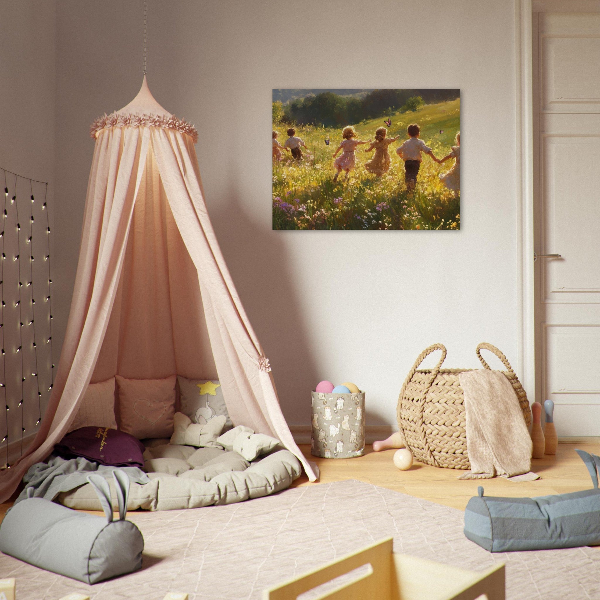 Fine Art Poster Landscape - Children Playing in a Meadow A sunlit country - Shop Ai Art WebShop - Digital Art online Store