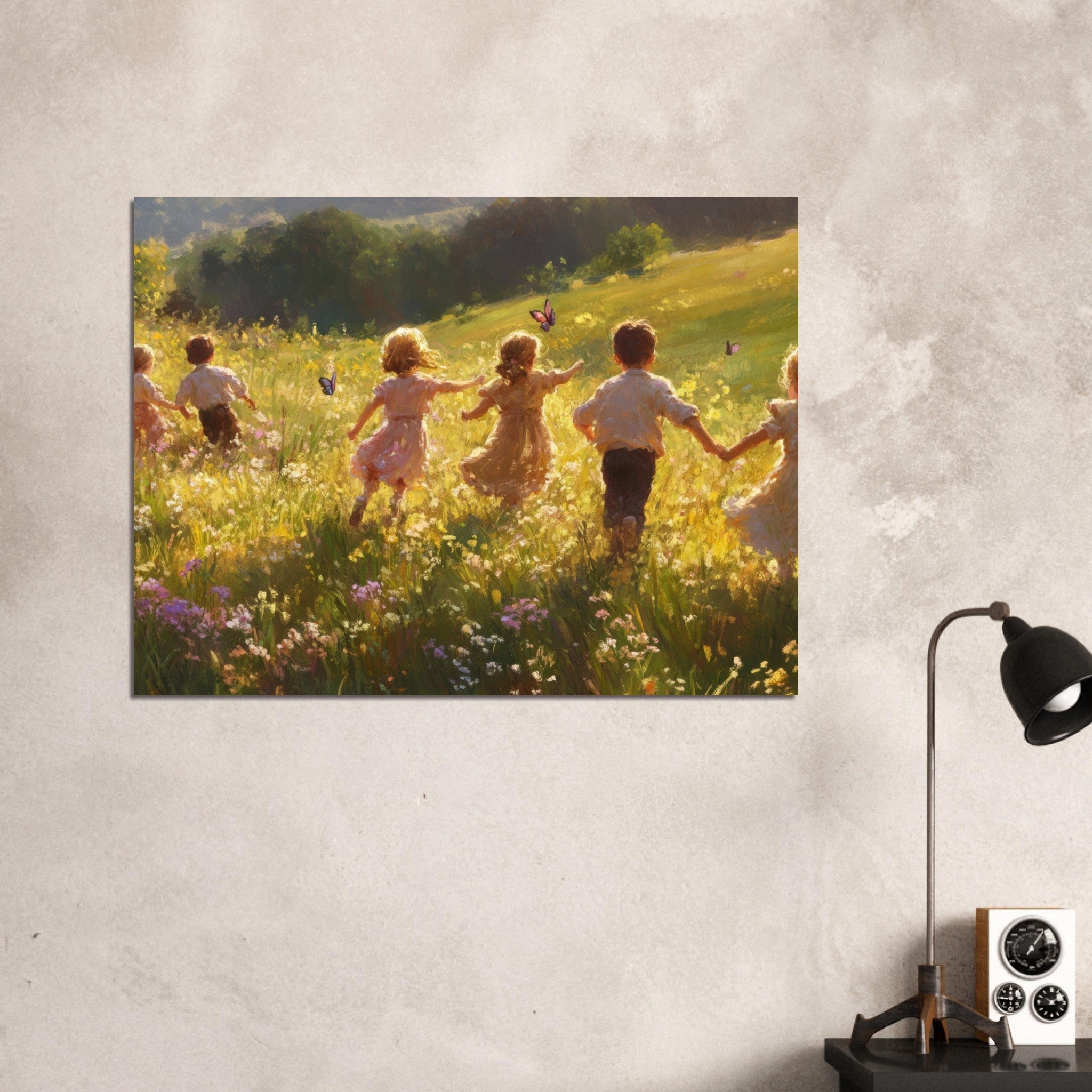 Fine Art Poster Landscape - Children Playing in a Meadow A sunlit country - Shop Ai Art WebShop - Digital Art online Store