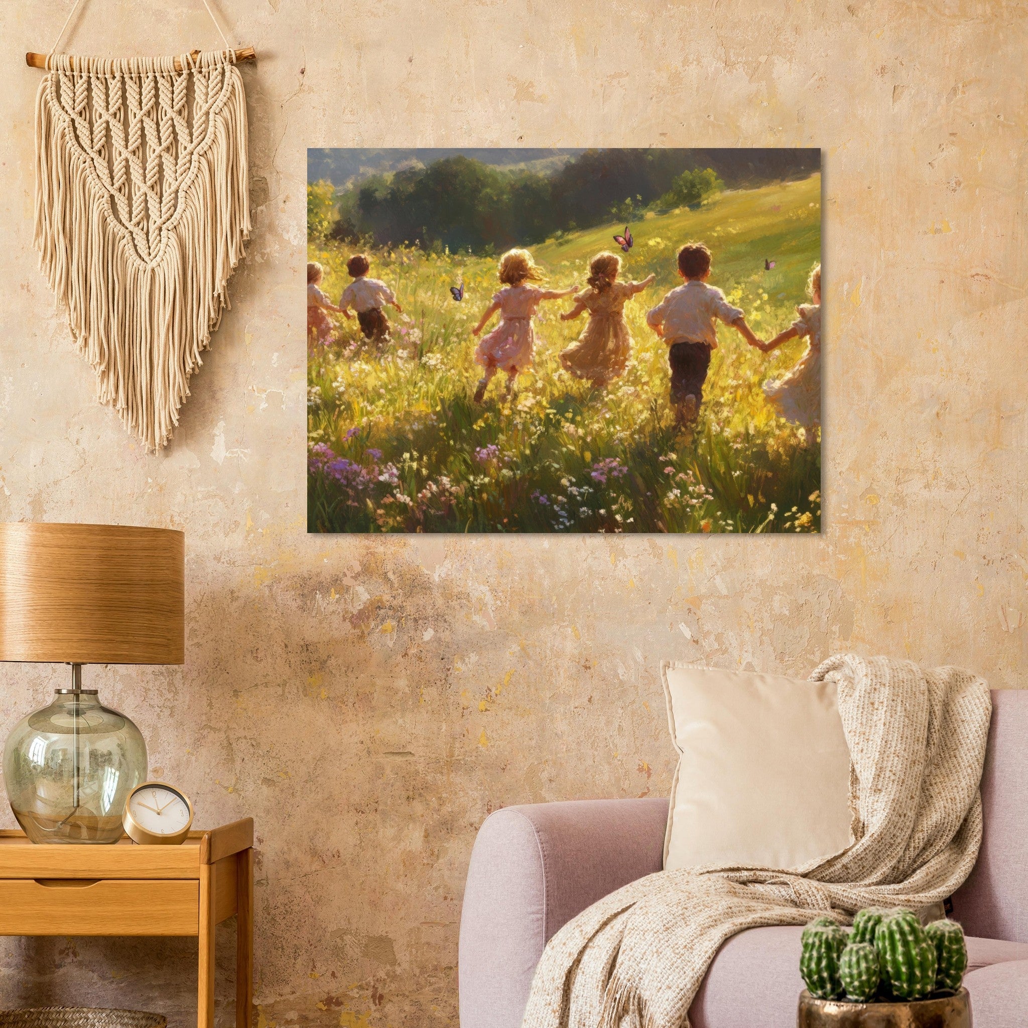 Fine Art Poster Landscape - Children Playing in a Meadow A sunlit country - Shop Ai Art WebShop - Digital Art online Store
