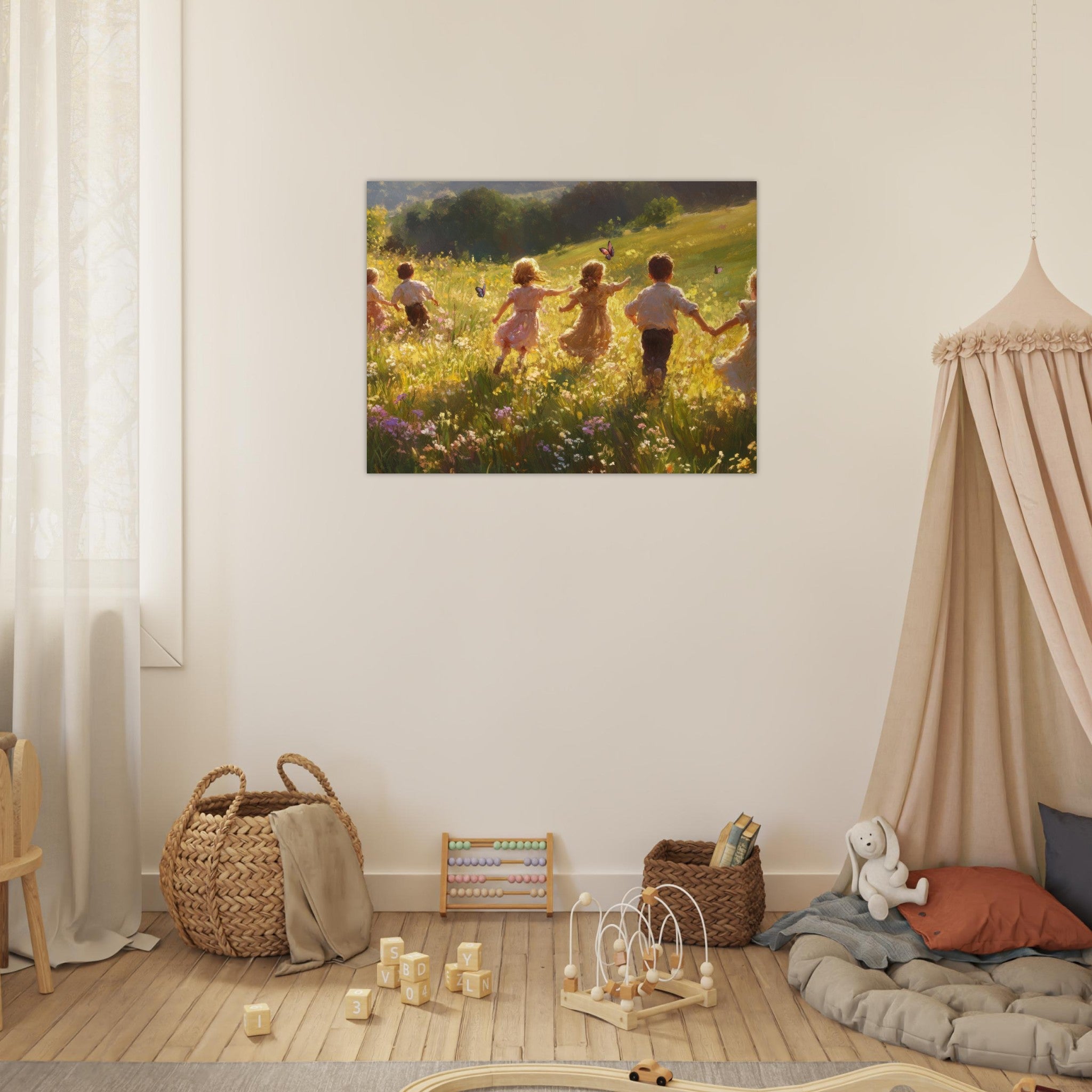 Fine Art Poster Landscape - Children Playing in a Meadow A sunlit country - Shop Ai Art WebShop - Digital Art online Store