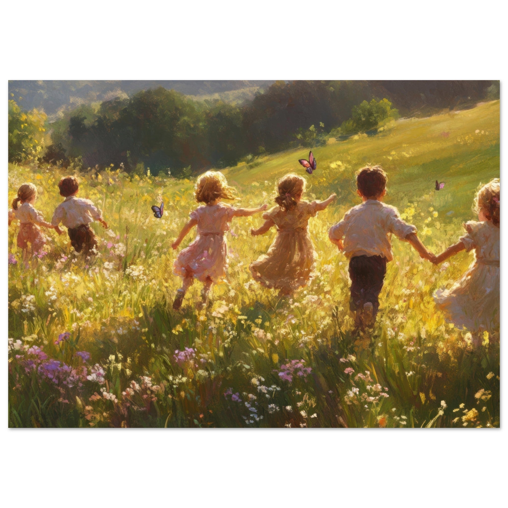 Fine Art Poster Landscape - Children Playing in a Meadow A sunlit country - Shop Ai Art WebShop - Digital Art online Store