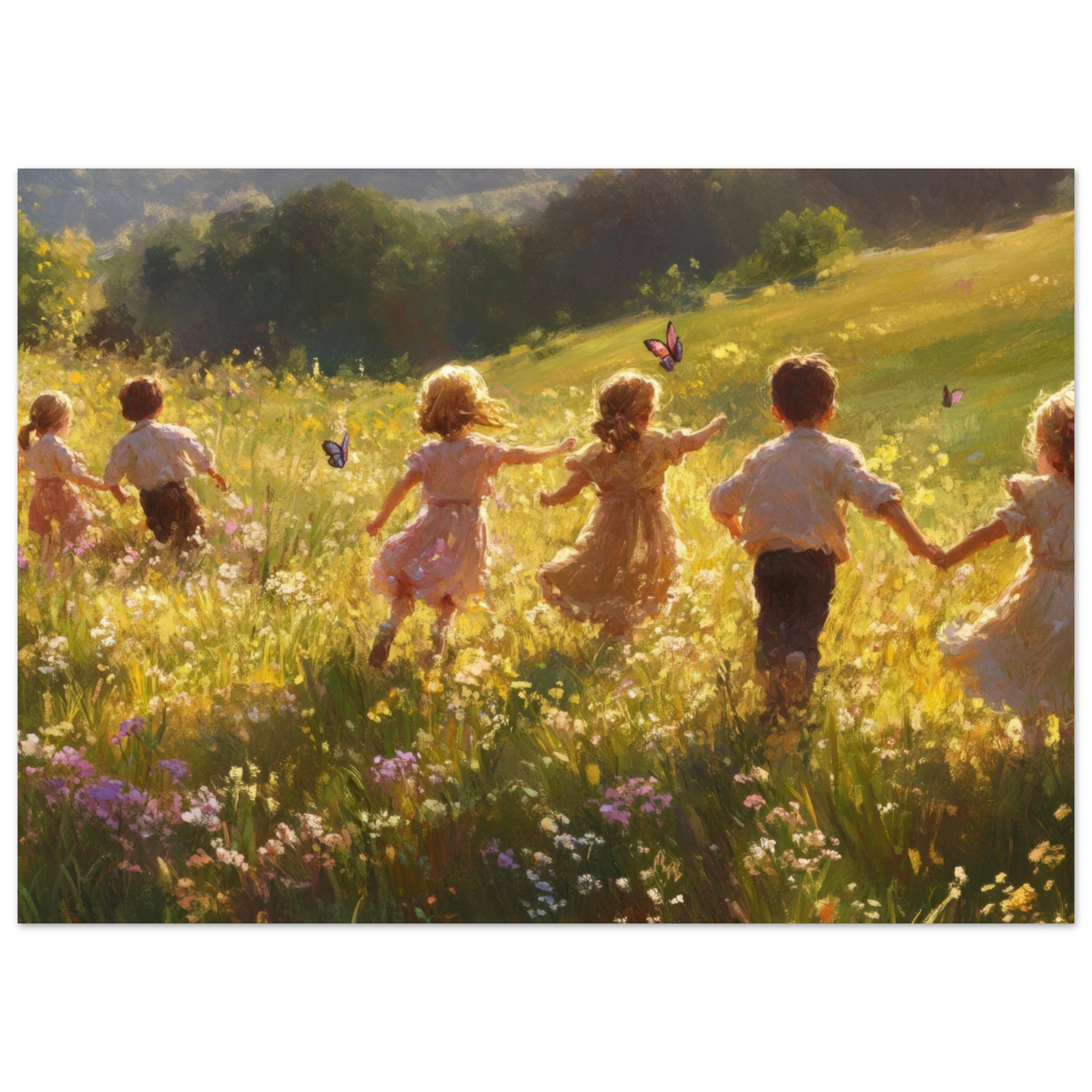 Fine Art Poster Landscape - Children Playing in a Meadow A sunlit country - Shop Ai Art WebShop - Digital Art online Store
