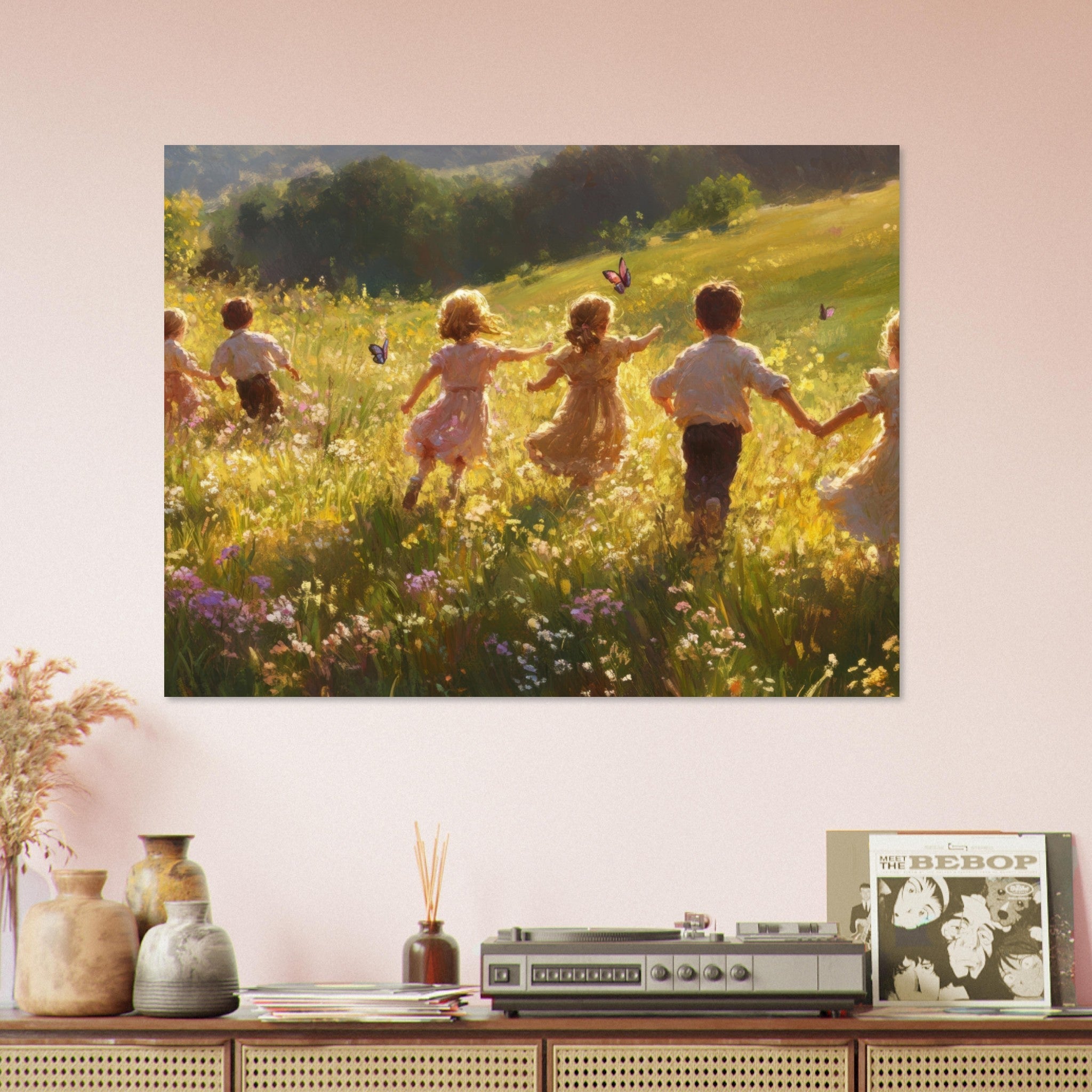 Fine Art Poster Landscape - Children Playing in a Meadow A sunlit country - Shop Ai Art WebShop - Digital Art online Store
