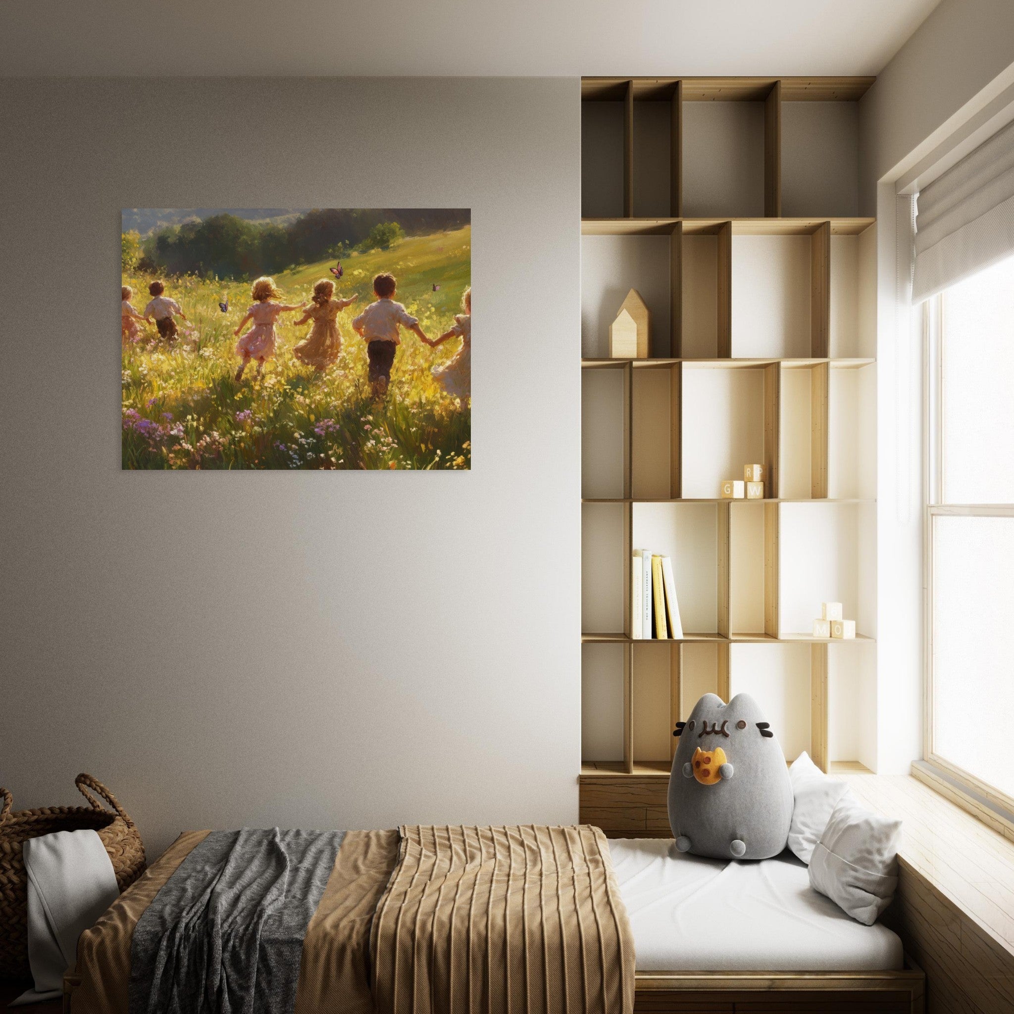 Fine Art Poster Landscape - Children Playing in a Meadow A sunlit country - Shop Ai Art WebShop - Digital Art online Store