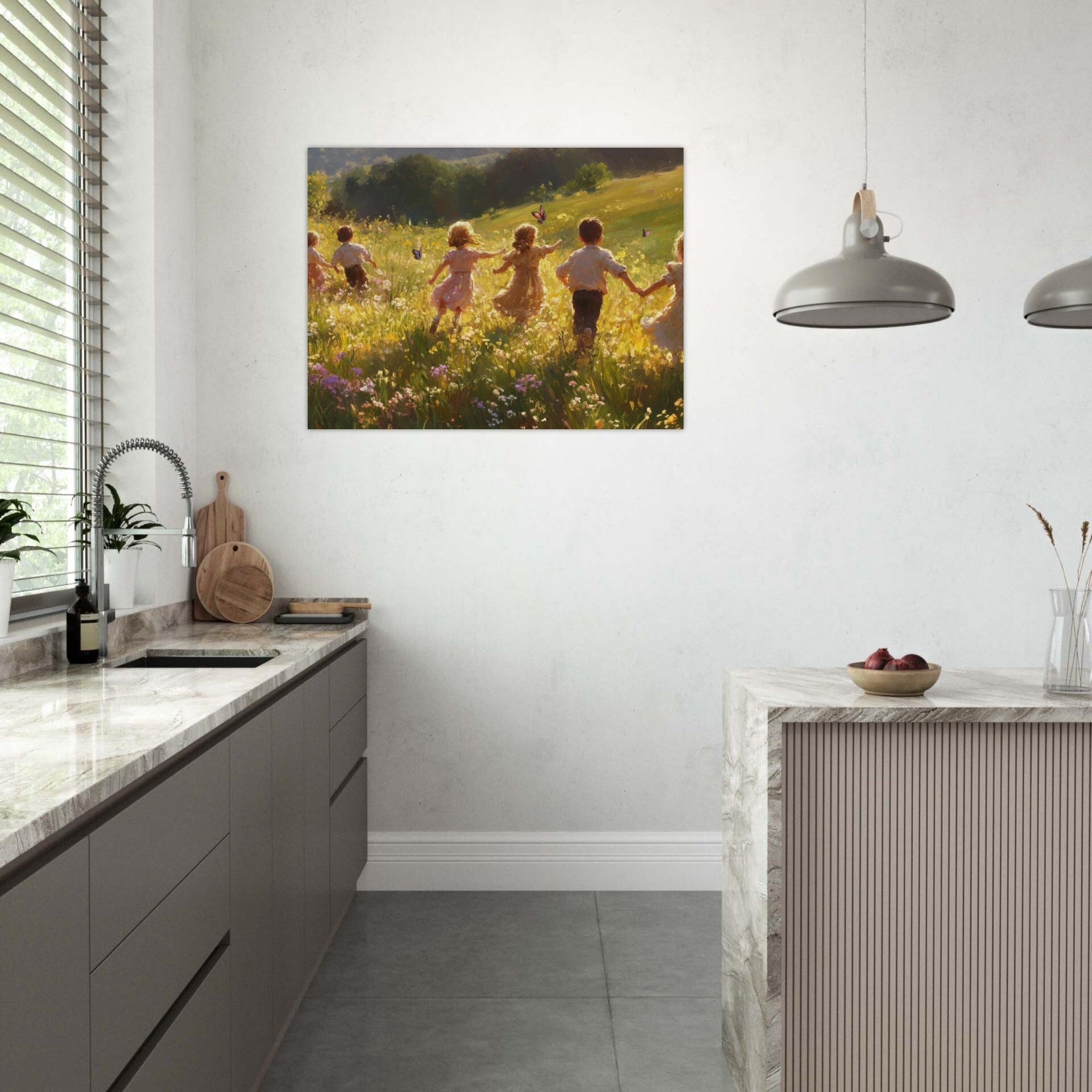 Fine Art Poster Landscape - Children Playing in a Meadow A sunlit country - Shop Ai Art WebShop - Digital Art online Store