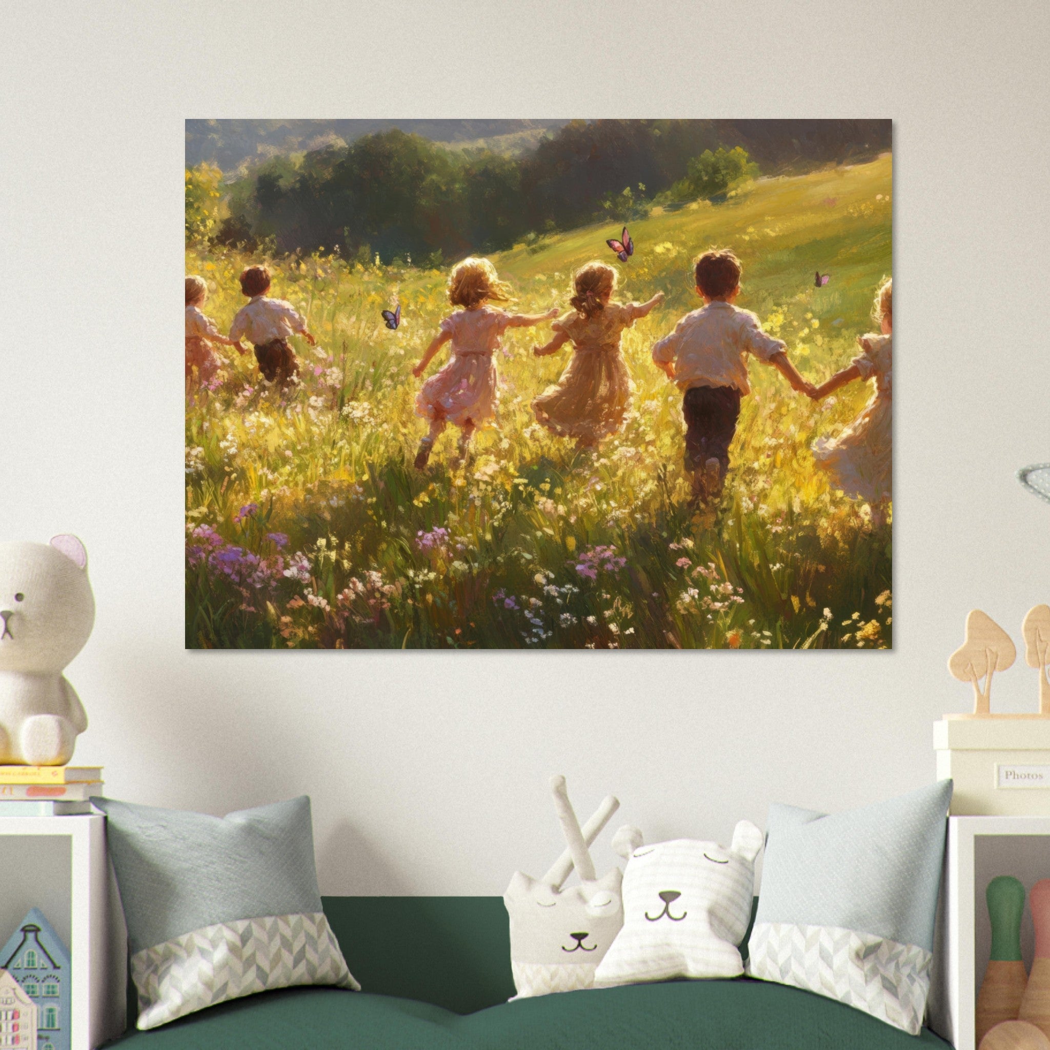 Fine Art Poster Landscape - Children Playing in a Meadow A sunlit country - Shop Ai Art WebShop - Digital Art online Store