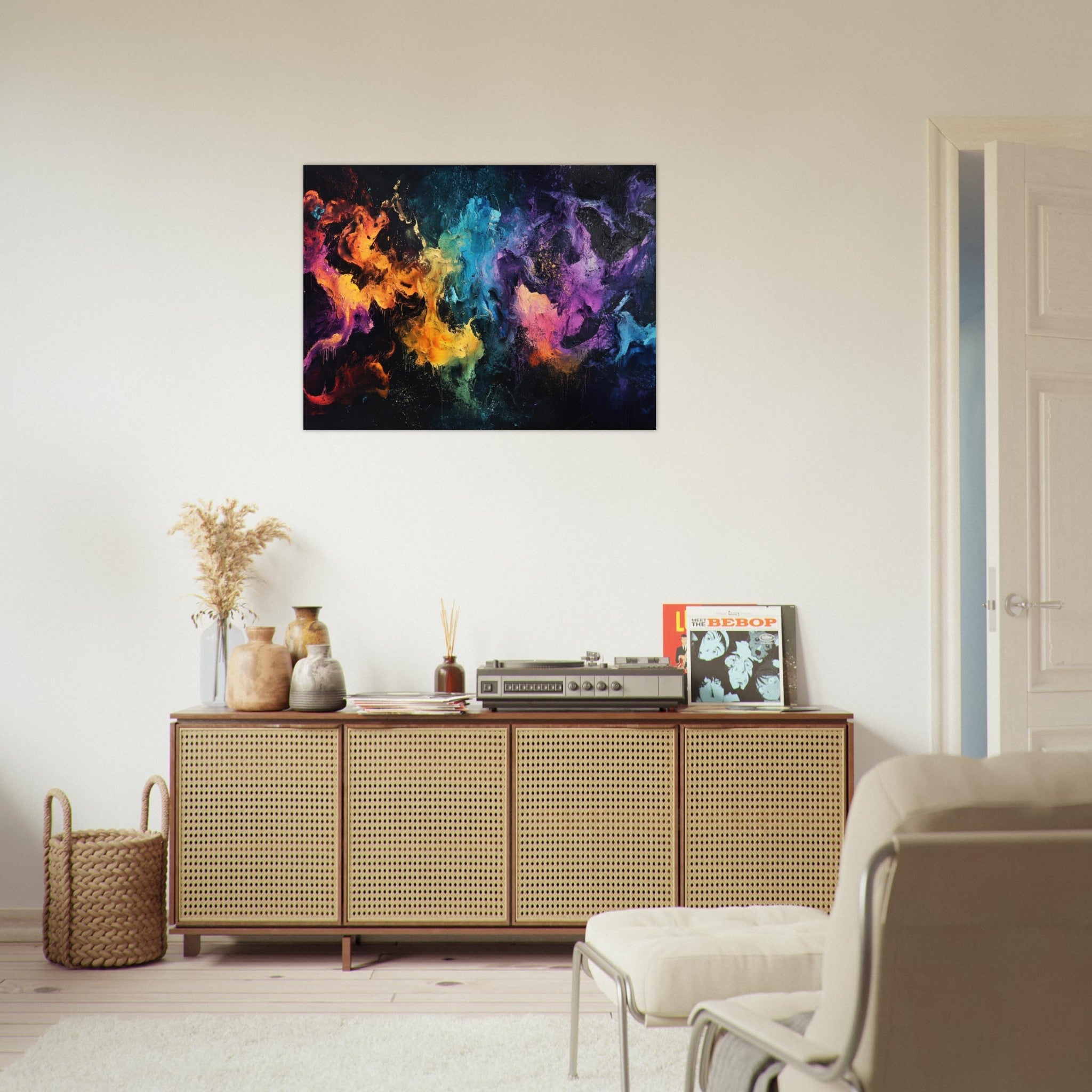 Fine Art Poster Landscape - Chromatic Abyss A dark infinite void punctured - Shop Ai Art WebShop - Digital Art online Store