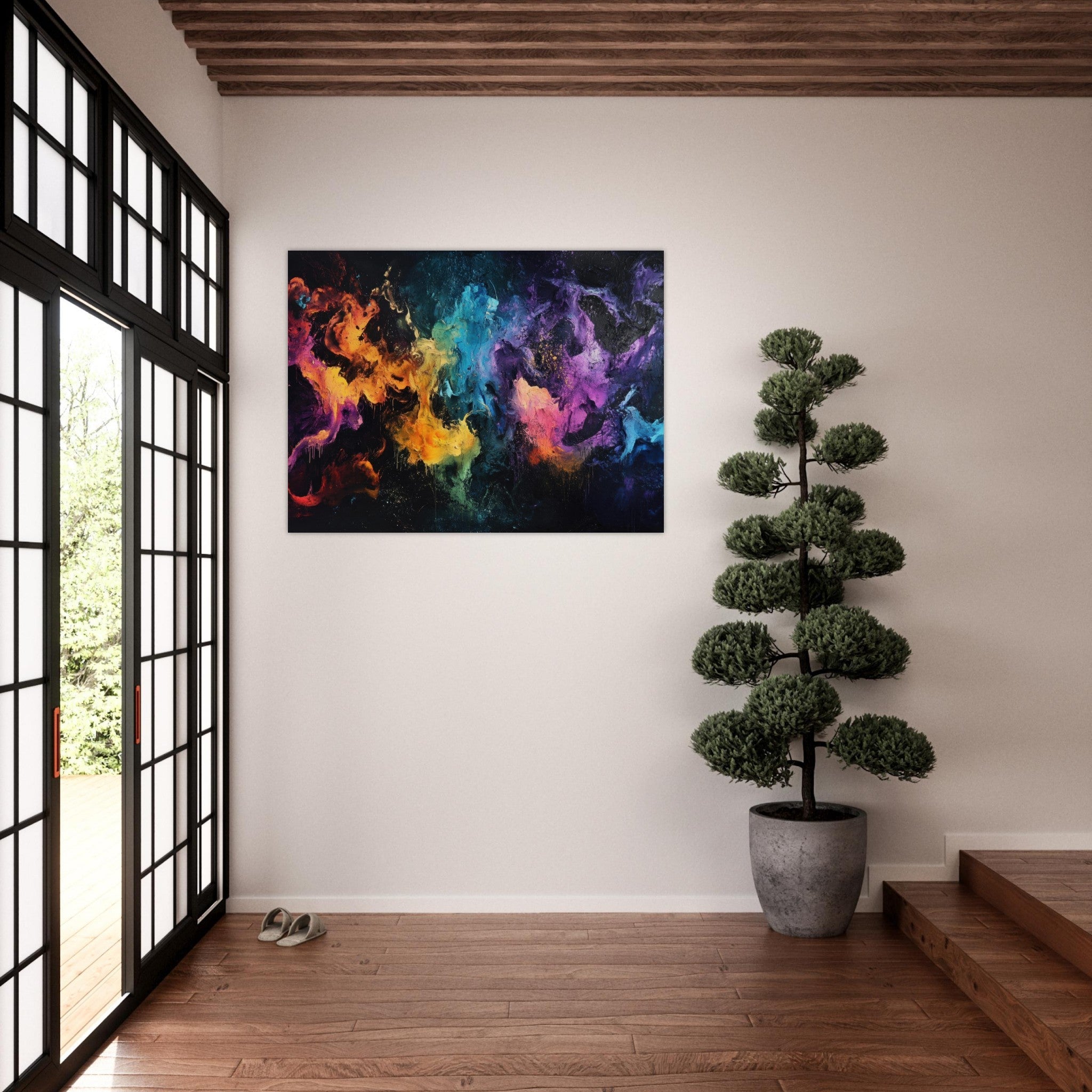 Fine Art Poster Landscape - Chromatic Abyss A dark infinite void punctured - Shop Ai Art WebShop - Digital Art online Store