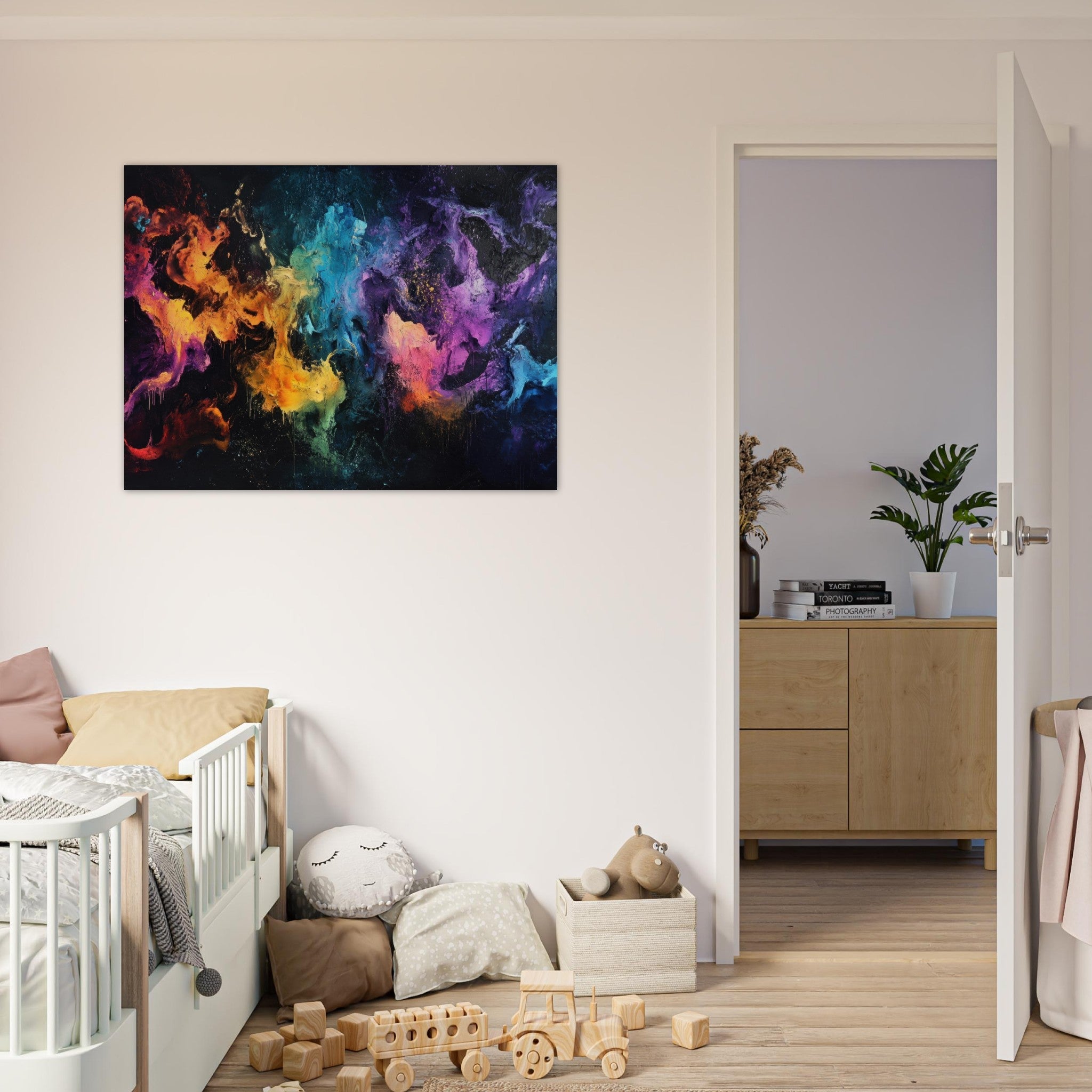 Fine Art Poster Landscape - Chromatic Abyss A dark infinite void punctured - Shop Ai Art WebShop - Digital Art online Store