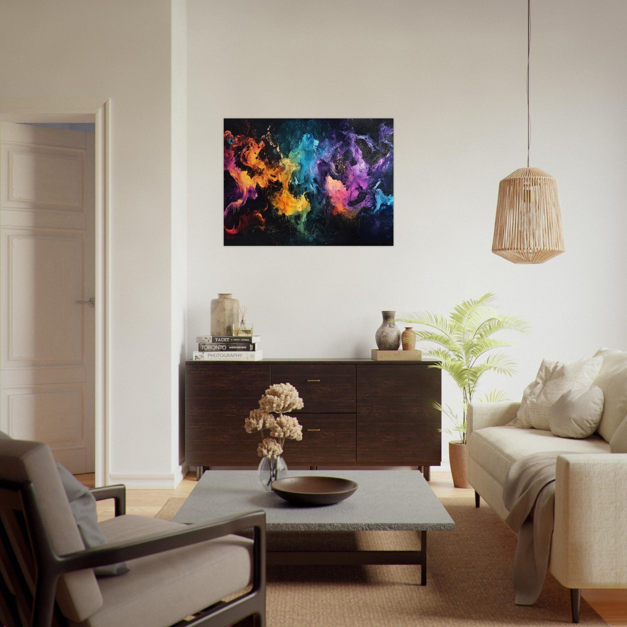 Fine Art Poster Landscape - Chromatic Abyss A dark infinite void punctured - Shop Ai Art WebShop - Digital Art online Store