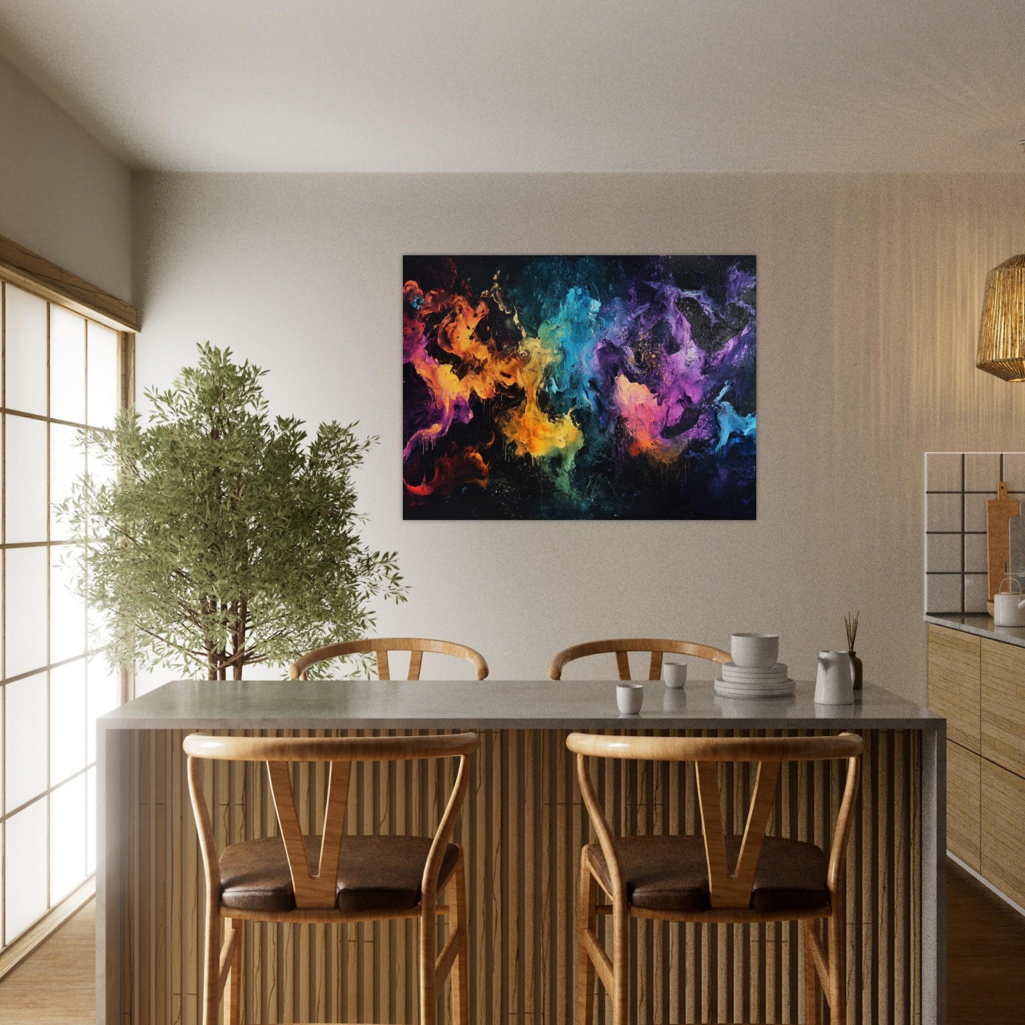 Fine Art Poster Landscape - Chromatic Abyss A dark infinite void punctured - Shop Ai Art WebShop - Digital Art online Store