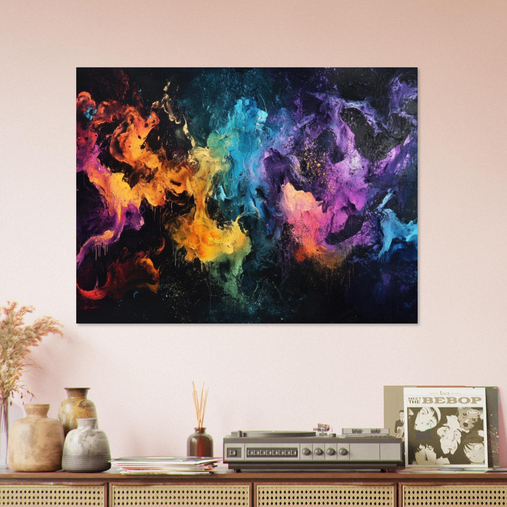 Fine Art Poster Landscape - Chromatic Abyss A dark infinite void punctured - Shop Ai Art WebShop - Digital Art online Store