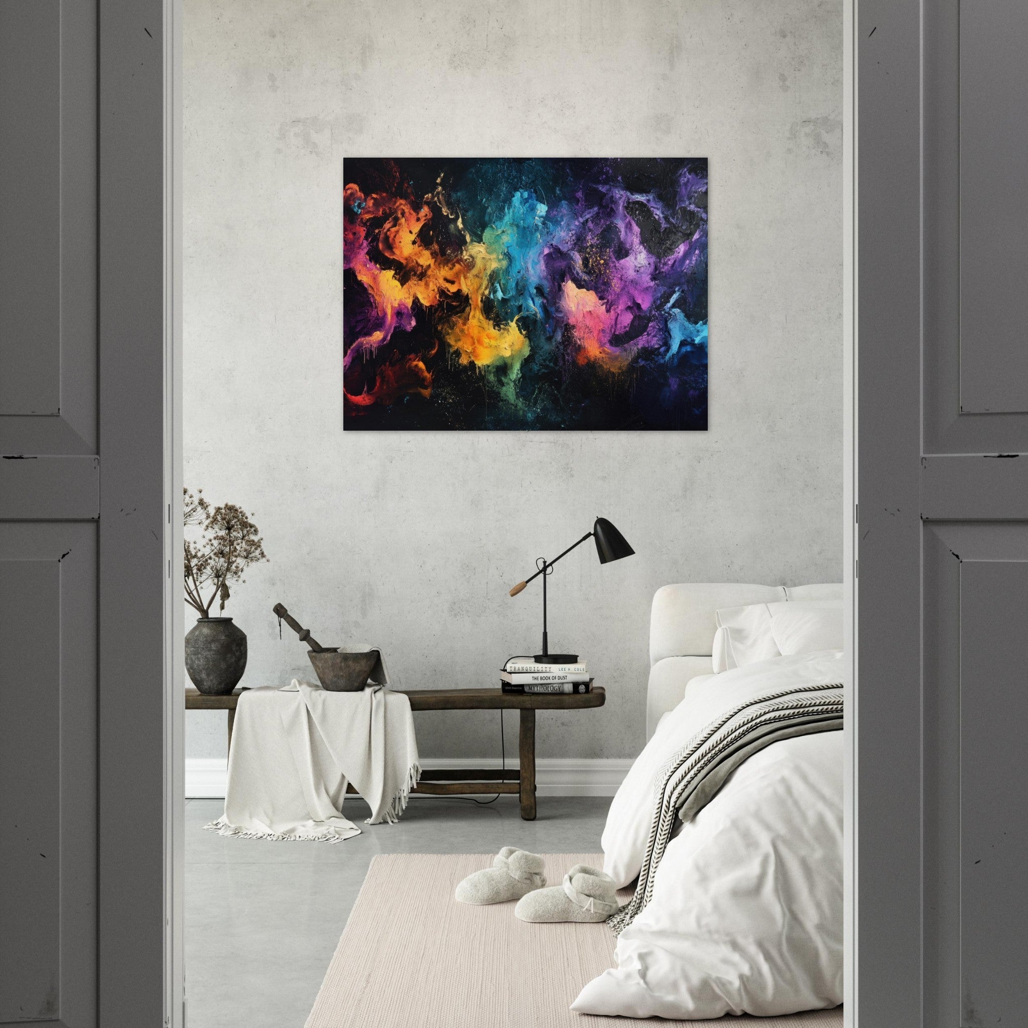 Fine Art Poster Landscape - Chromatic Abyss A dark infinite void punctured - Shop Ai Art WebShop - Digital Art online Store