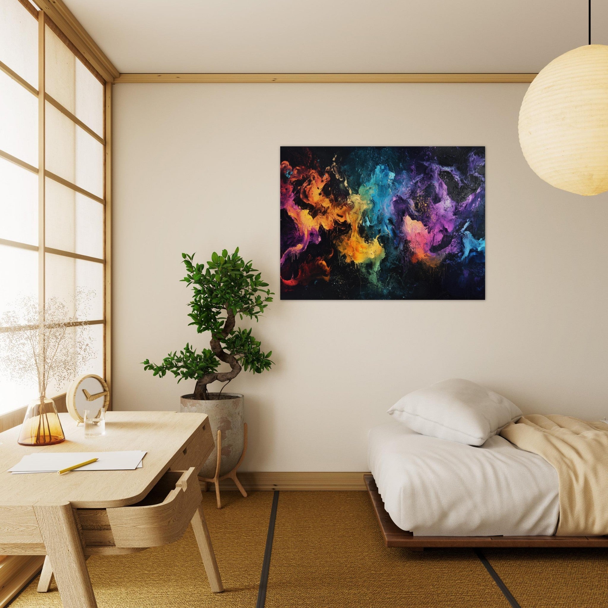 Fine Art Poster Landscape - Chromatic Abyss A dark infinite void punctured - Shop Ai Art WebShop - Digital Art online Store