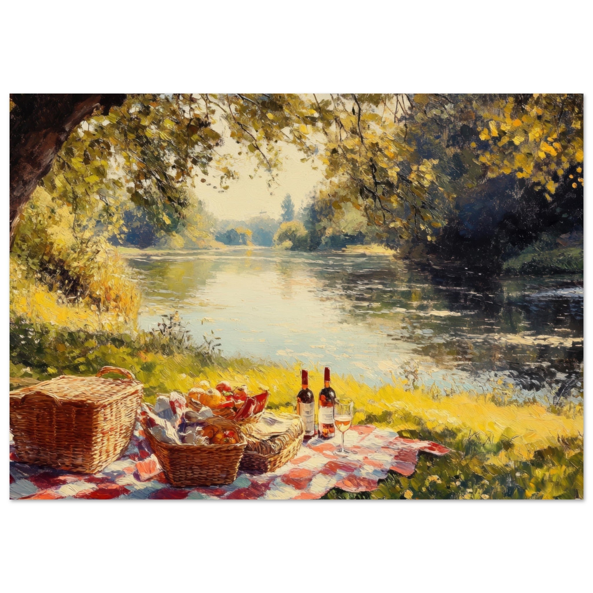 Fine Art Poster Landscape - Countryside Picnic by a River A lazy afternoon - Ai Art Force