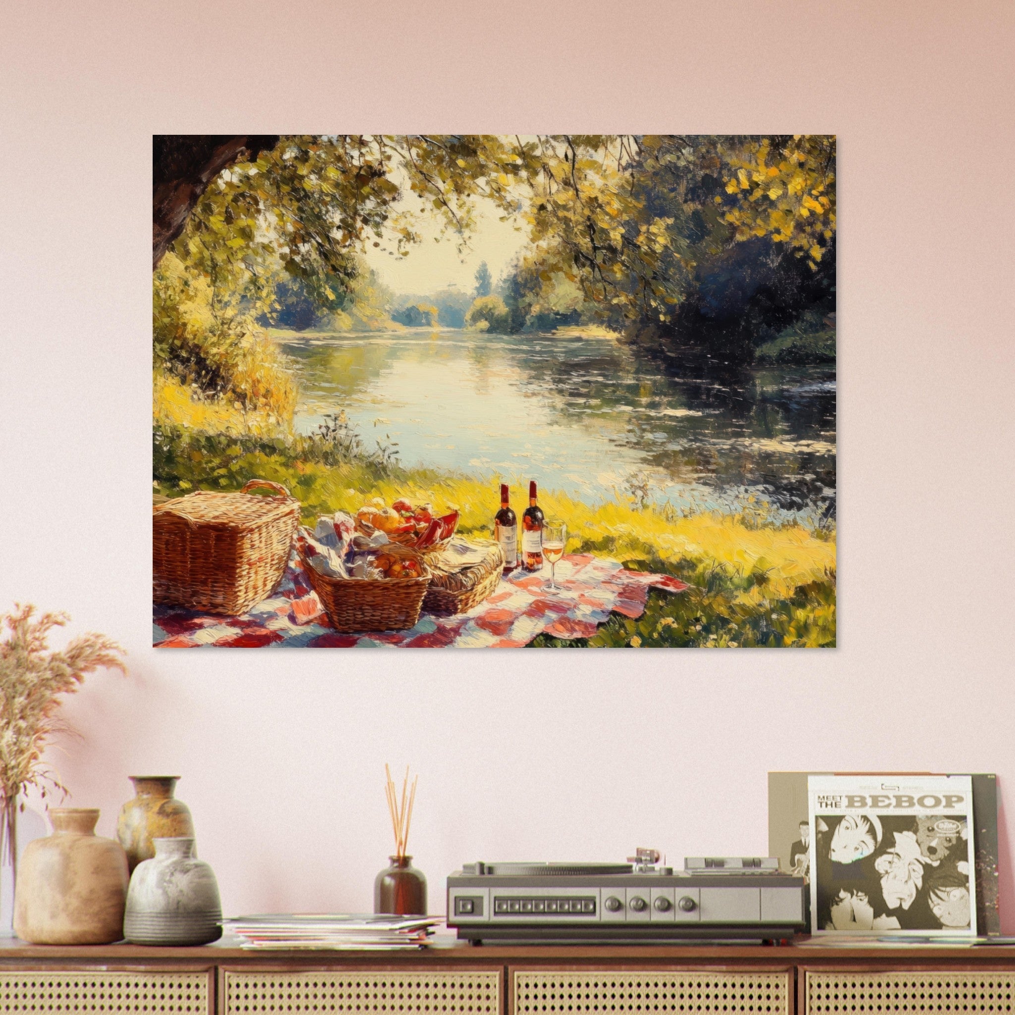 Fine Art Poster Landscape - Countryside Picnic by a River A lazy afternoon - Ai Art Force