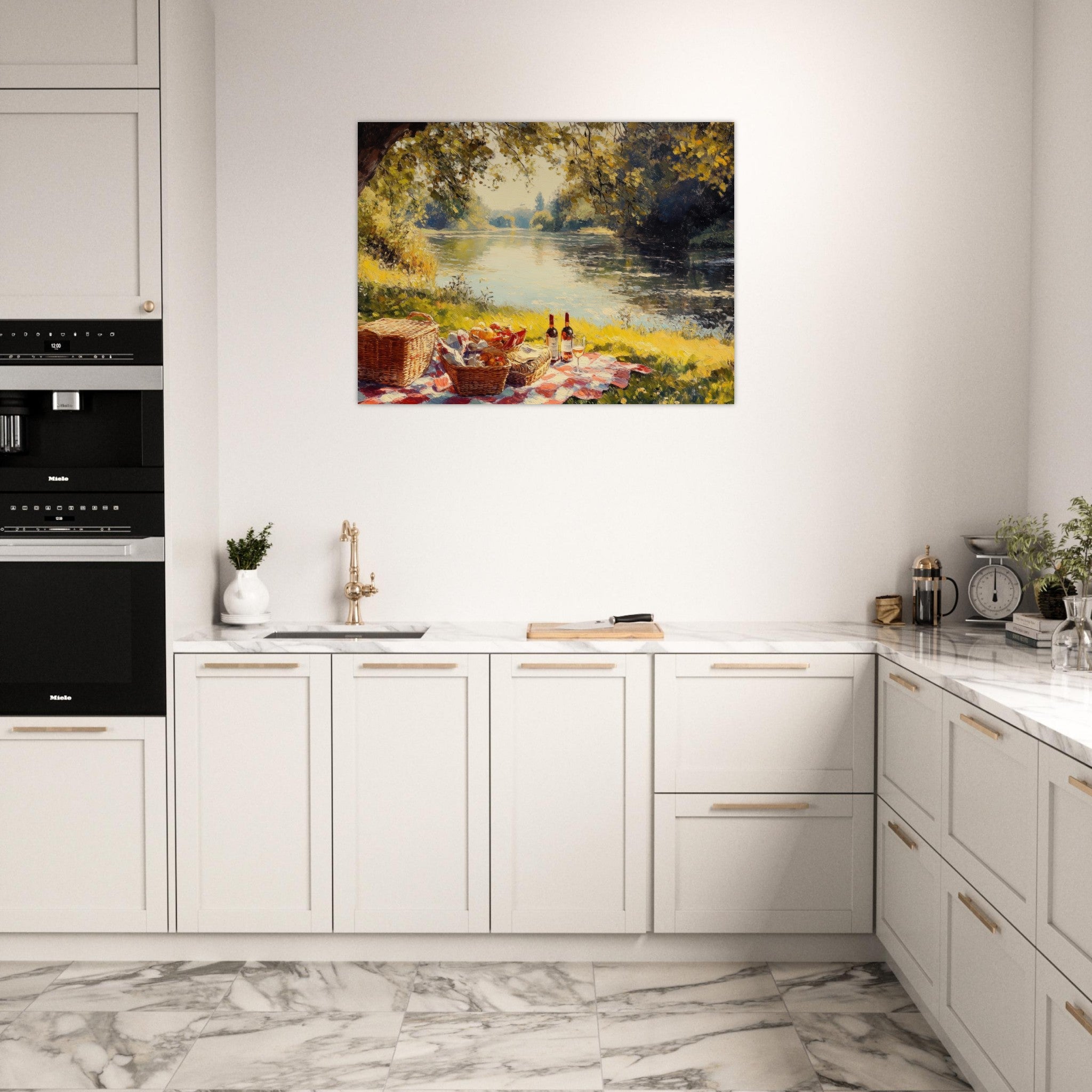 Fine Art Poster Landscape - Countryside Picnic by a River A lazy afternoon - Ai Art Force