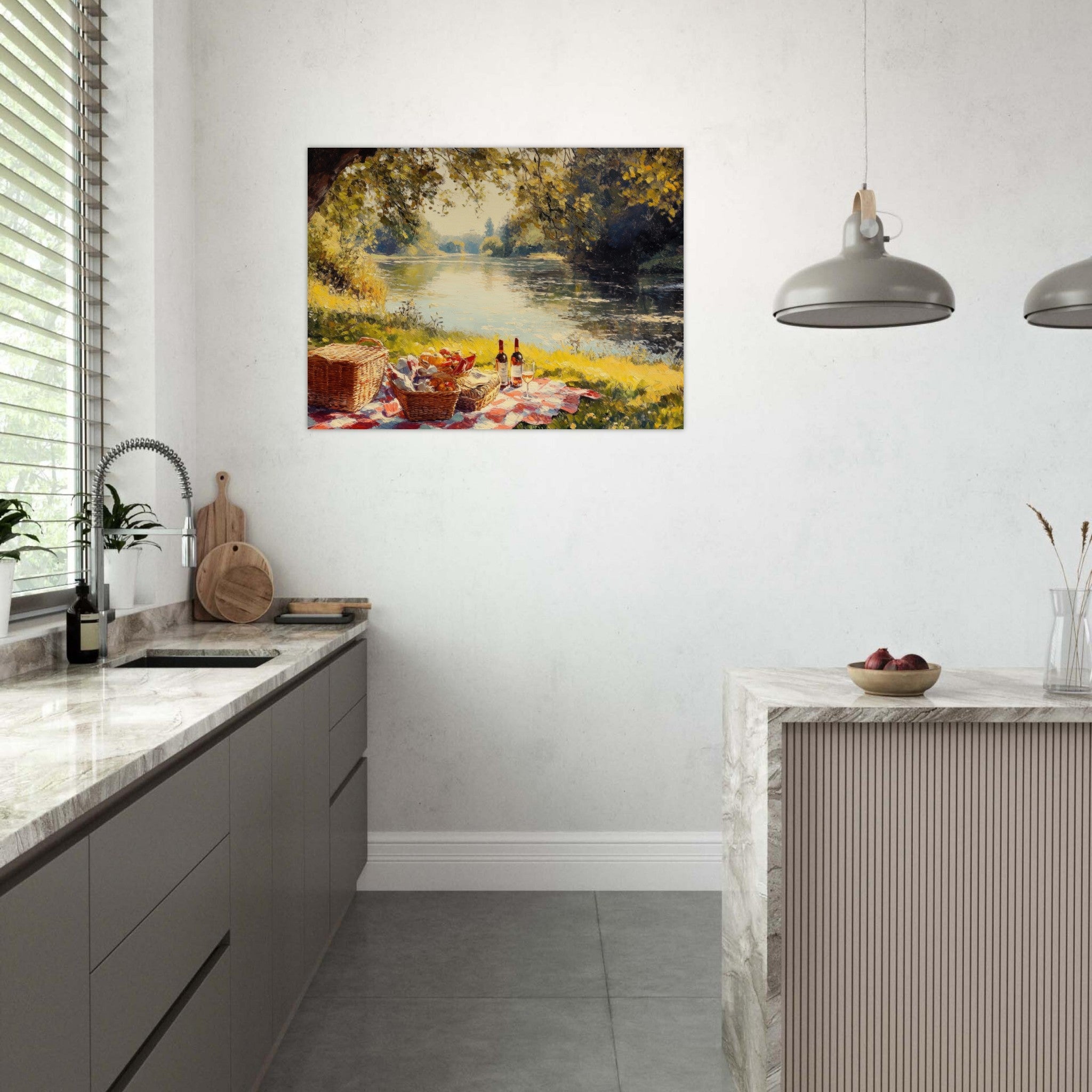 Fine Art Poster Landscape - Countryside Picnic by a River A lazy afternoon - Ai Art Force