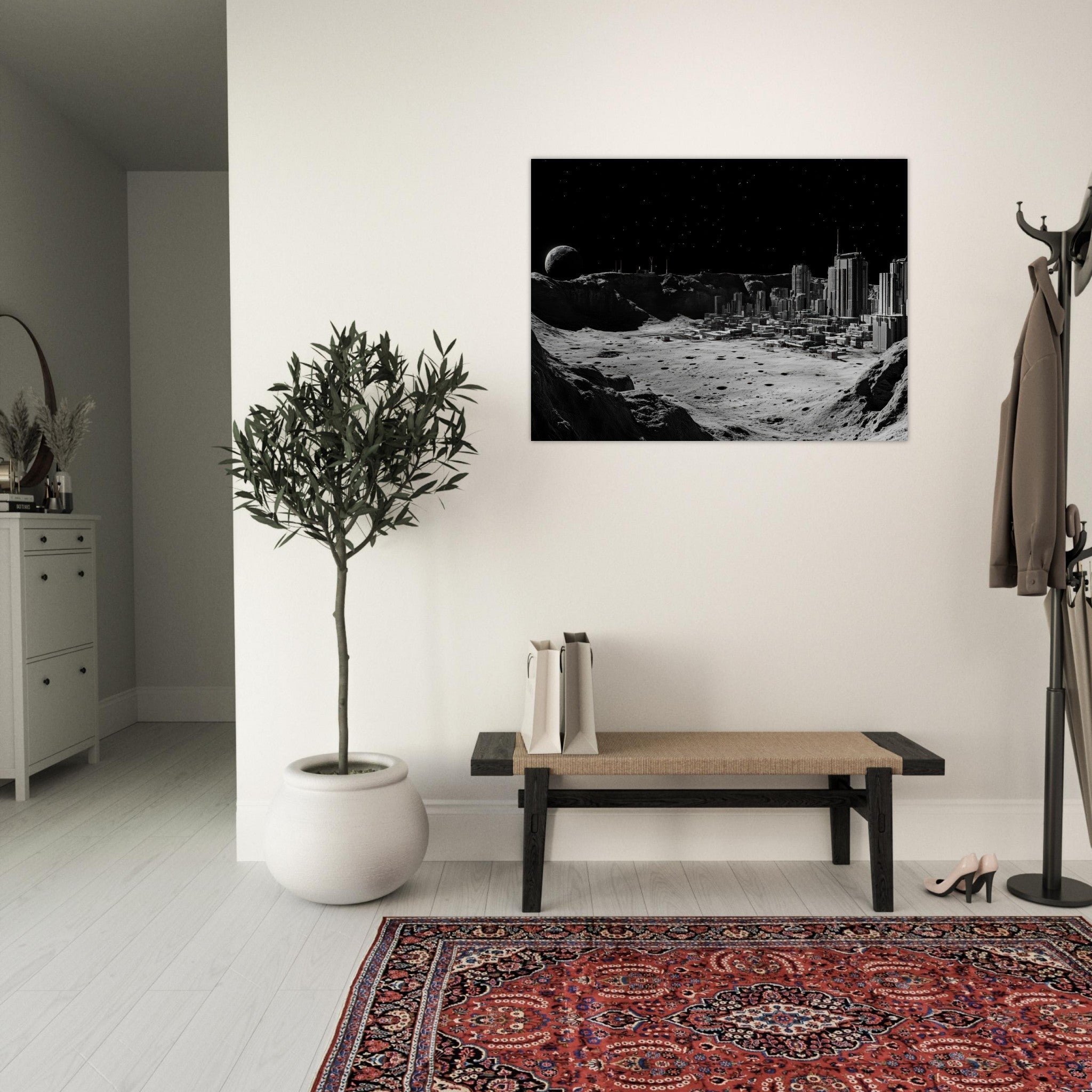 Fine Art Poster Landscape - Crater City on a Dead Moon A sprawling city built - Shop Ai Art WebShop - Digital Art online Store