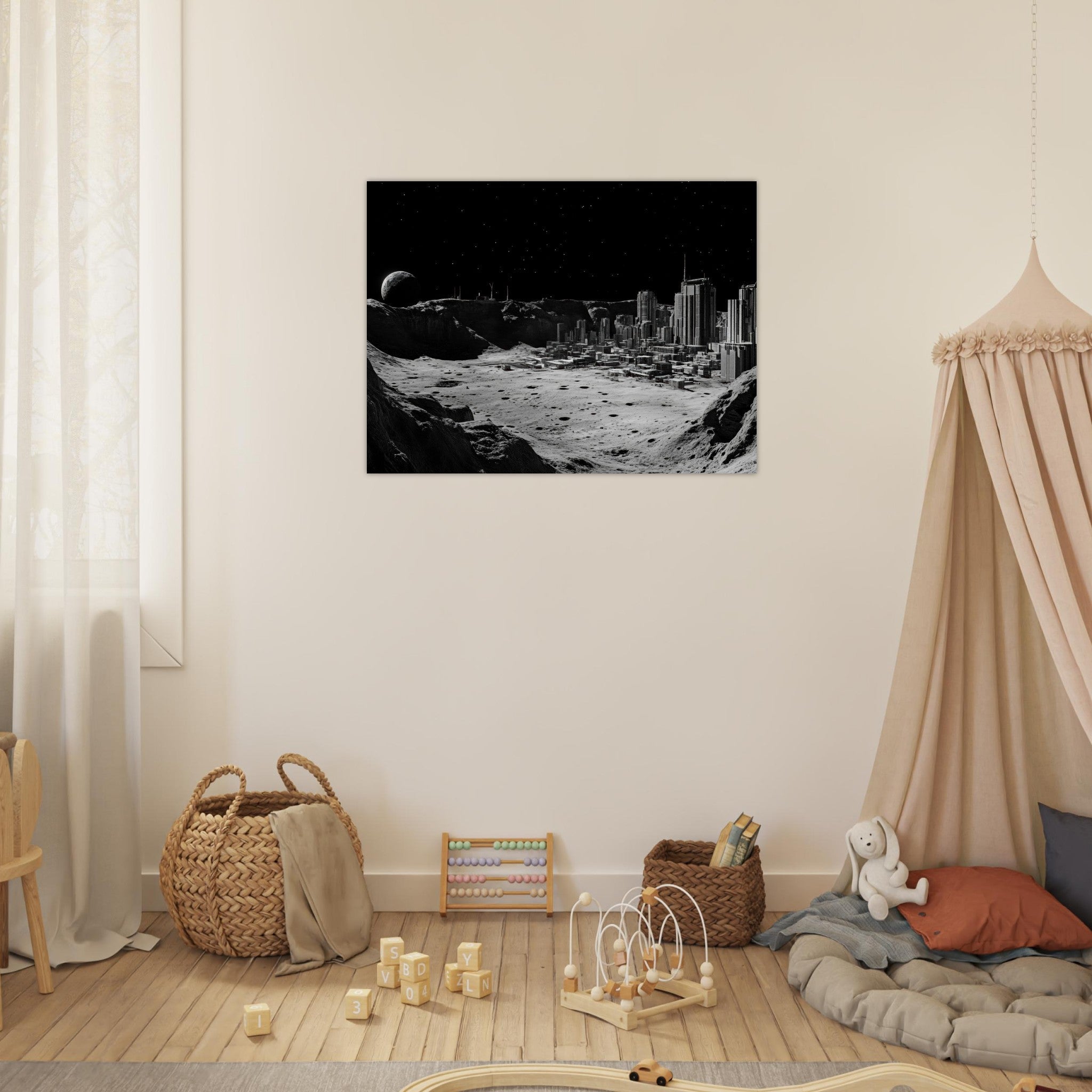 Fine Art Poster Landscape - Crater City on a Dead Moon A sprawling city built - Shop Ai Art WebShop - Digital Art online Store