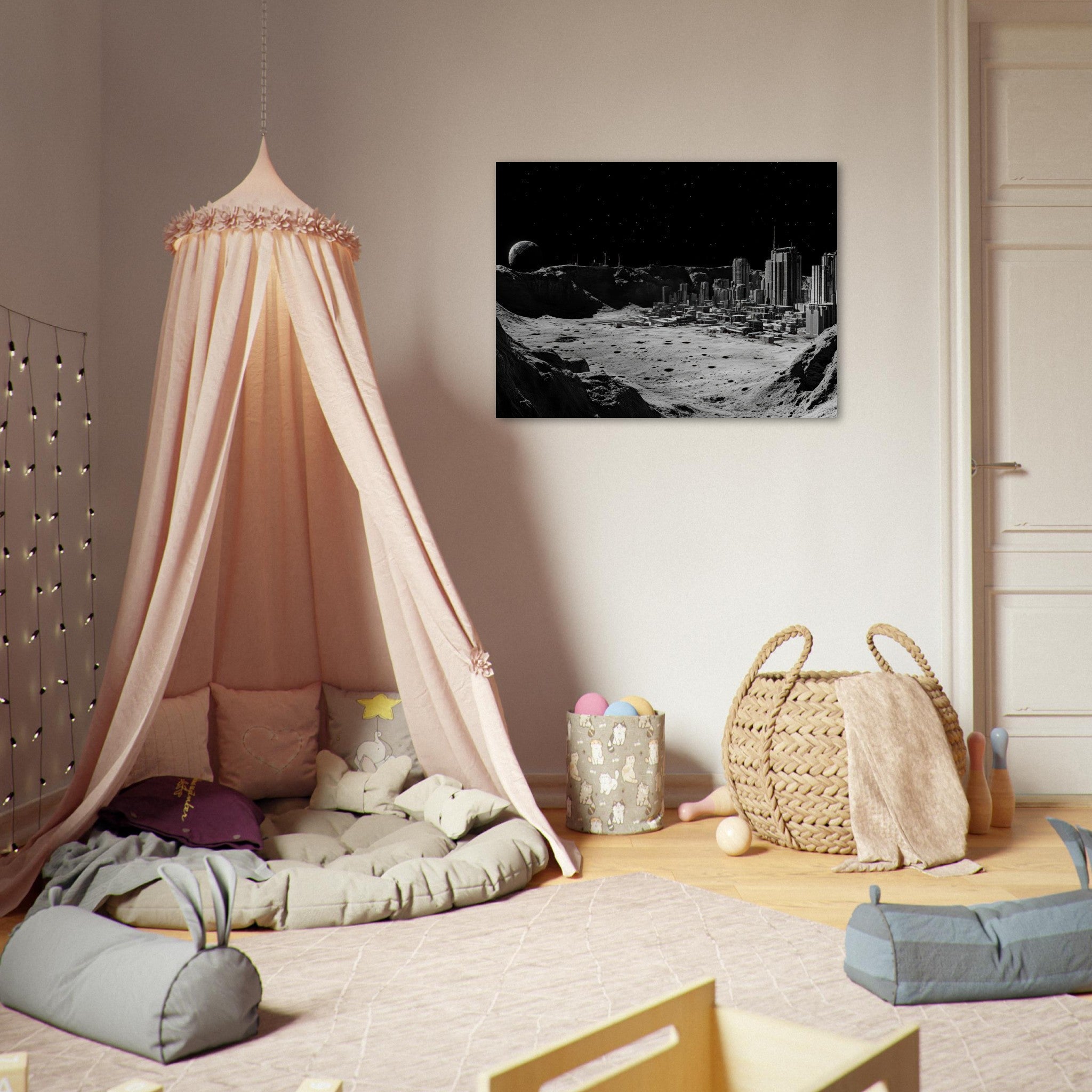 Fine Art Poster Landscape - Crater City on a Dead Moon A sprawling city built - Shop Ai Art WebShop - Digital Art online Store