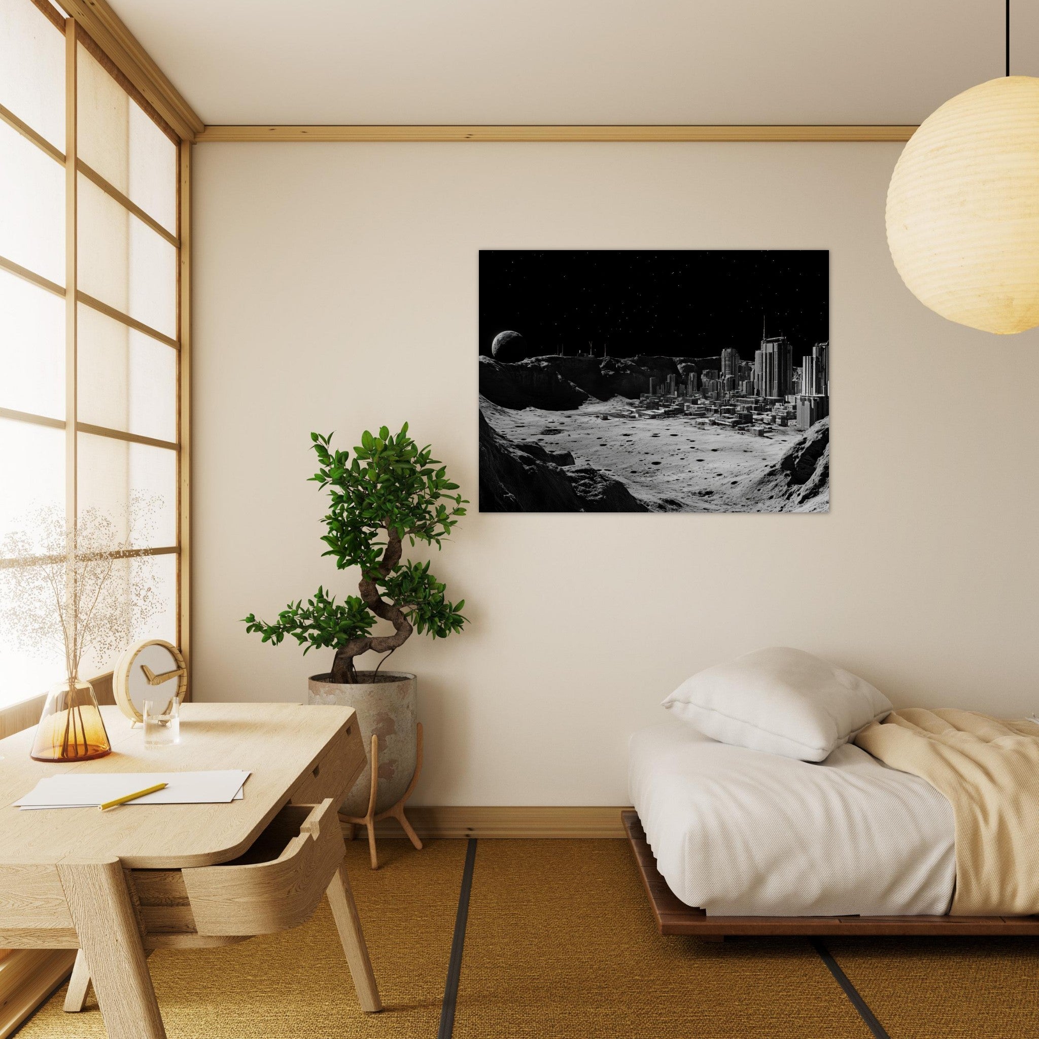 Fine Art Poster Landscape - Crater City on a Dead Moon A sprawling city built - Shop Ai Art WebShop - Digital Art online Store