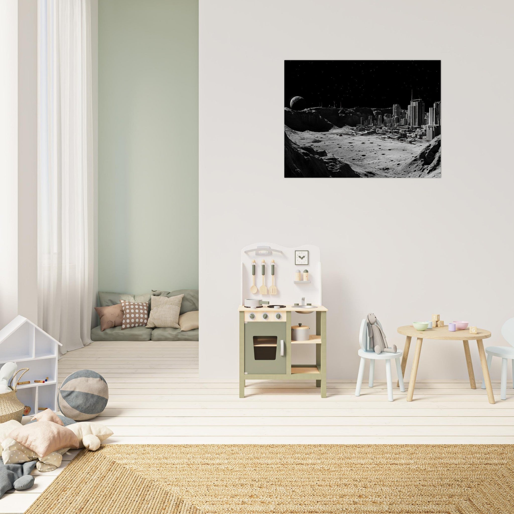 Fine Art Poster Landscape - Crater City on a Dead Moon A sprawling city built - Shop Ai Art WebShop - Digital Art online Store
