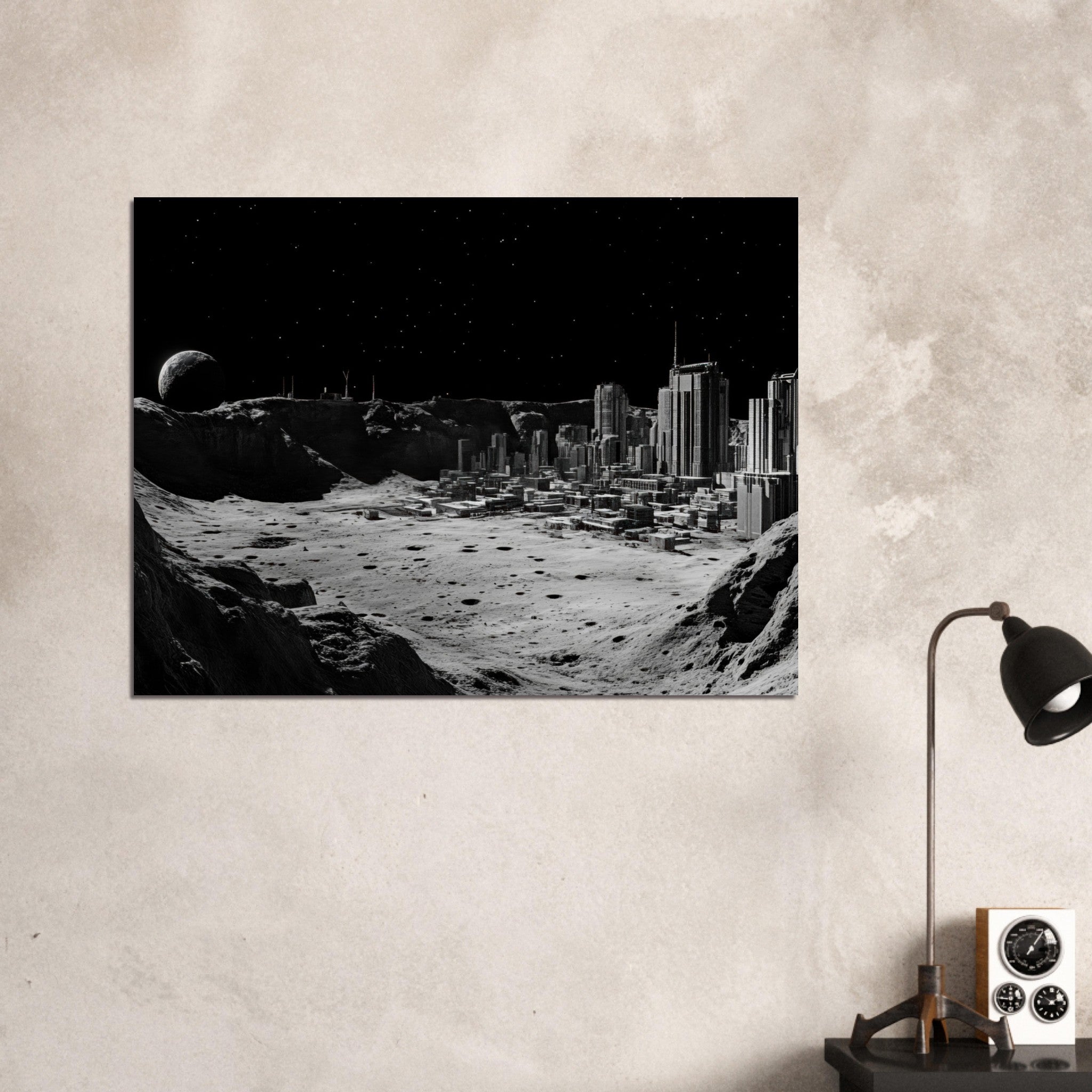 Fine Art Poster Landscape - Crater City on a Dead Moon A sprawling city built - Shop Ai Art WebShop - Digital Art online Store