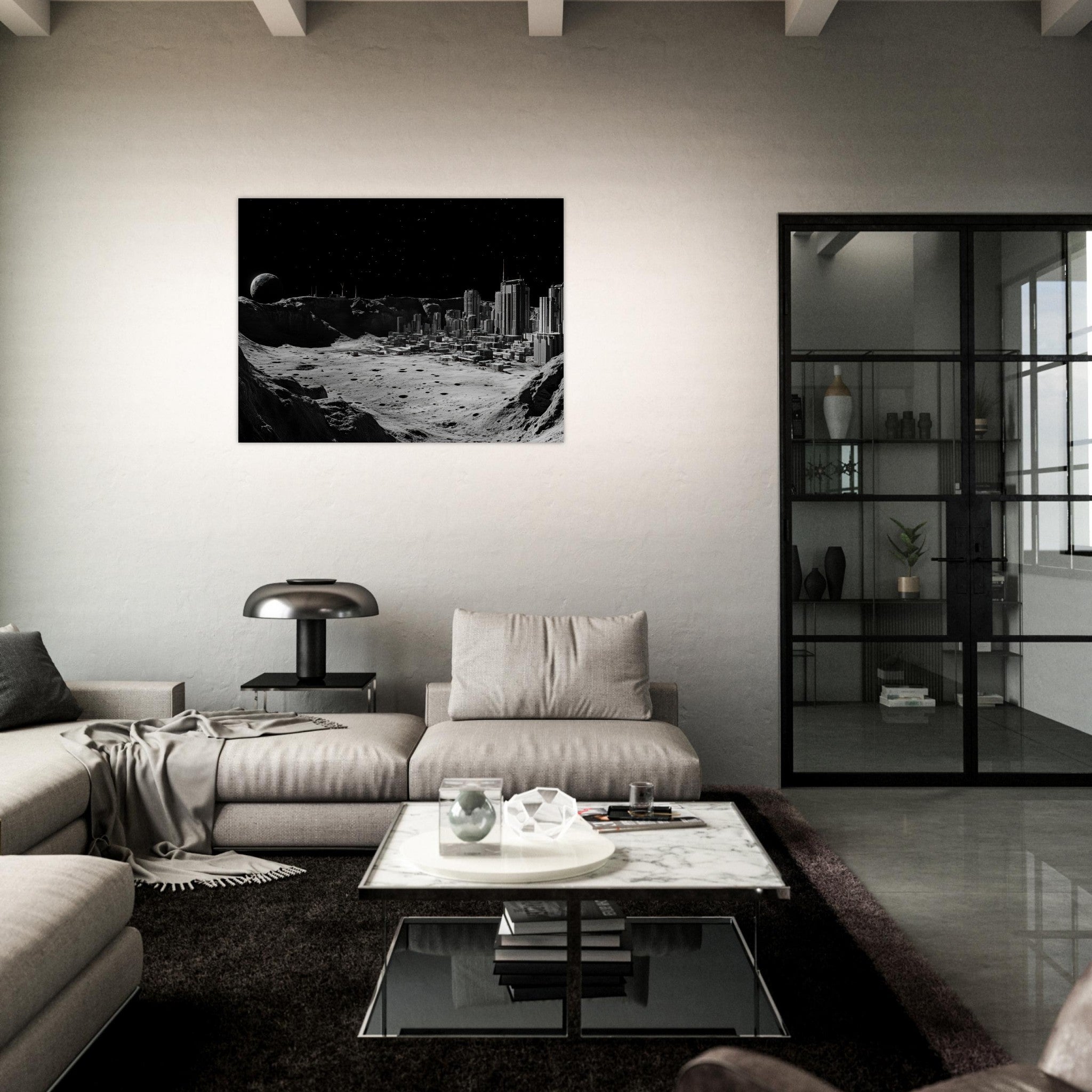 Fine Art Poster Landscape - Crater City on a Dead Moon A sprawling city built - Shop Ai Art WebShop - Digital Art online Store
