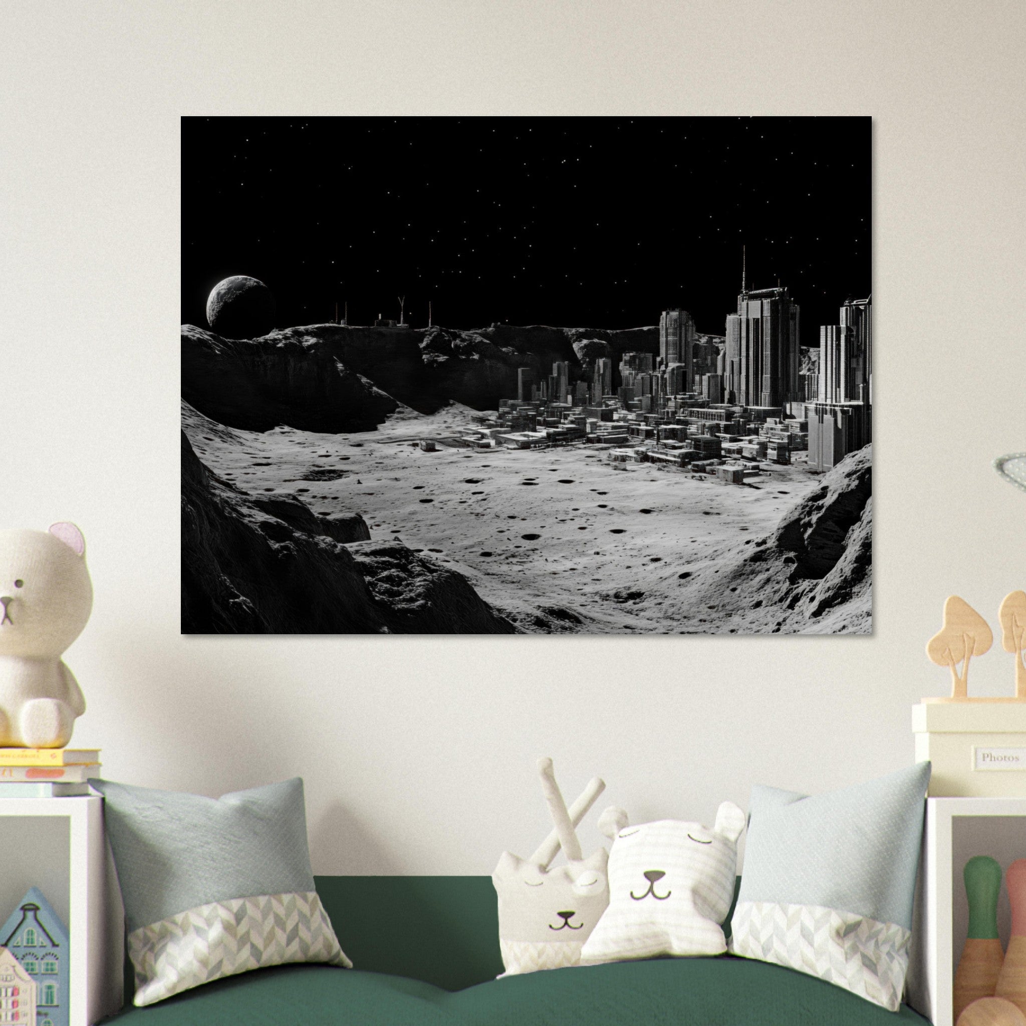 Fine Art Poster Landscape - Crater City on a Dead Moon A sprawling city built - Shop Ai Art WebShop - Digital Art online Store