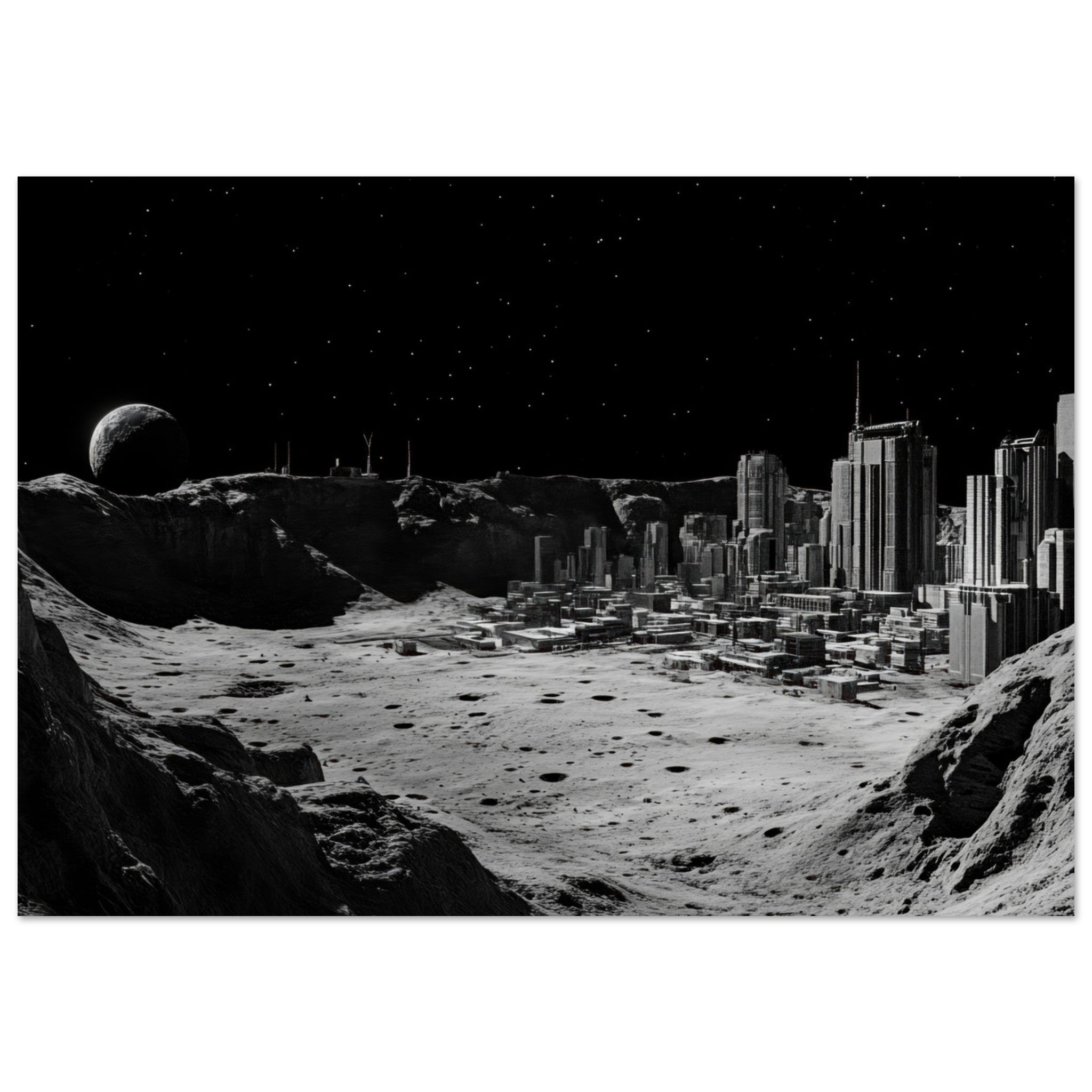 Fine Art Poster Landscape - Crater City on a Dead Moon A sprawling city built - Shop Ai Art WebShop - Digital Art online Store