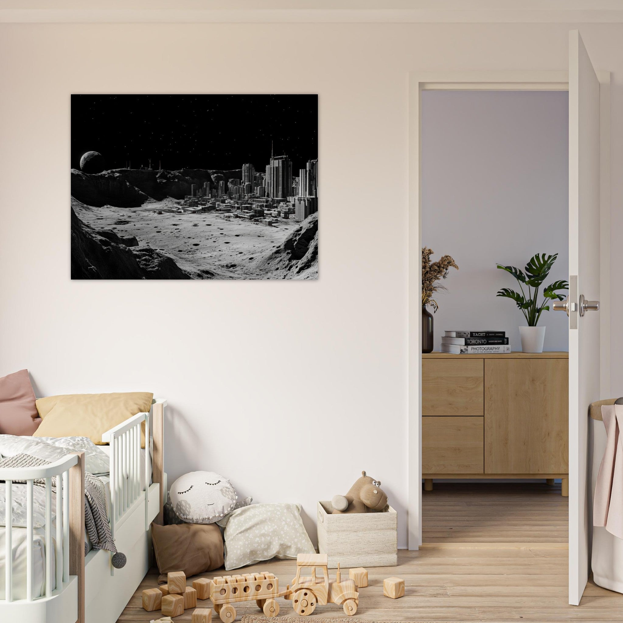 Fine Art Poster Landscape - Crater City on a Dead Moon A sprawling city built - Shop Ai Art WebShop - Digital Art online Store