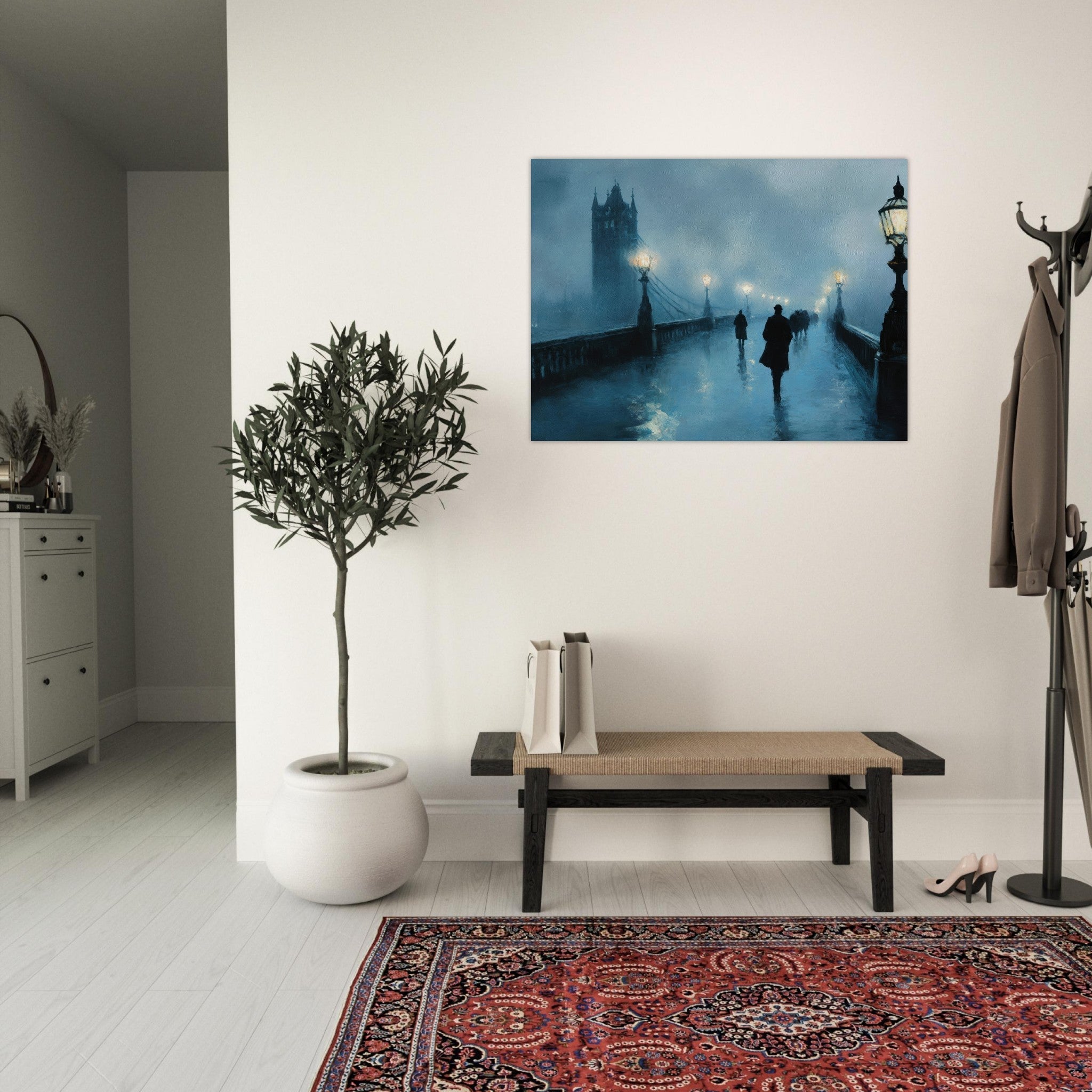 Fine Art Poster Landscape - Foggy London Bridge at Dawn A misty morning vie - Shop Ai Art WebShop - Digital Art online Store