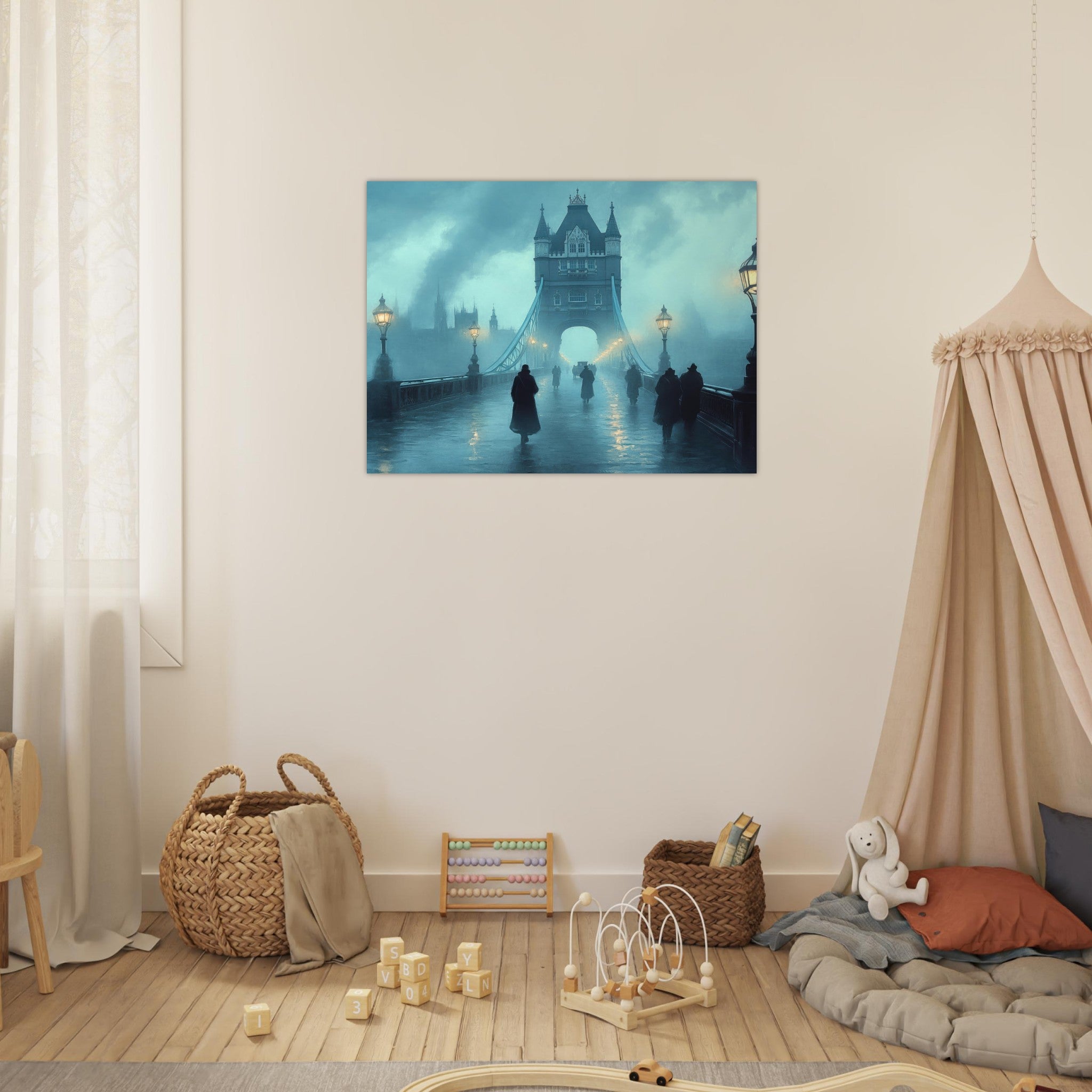 Fine Art Poster Landscape - Foggy London Bridge at Dawn A misty morning vie 2 - Shop Ai Art WebShop - Digital Art online Store