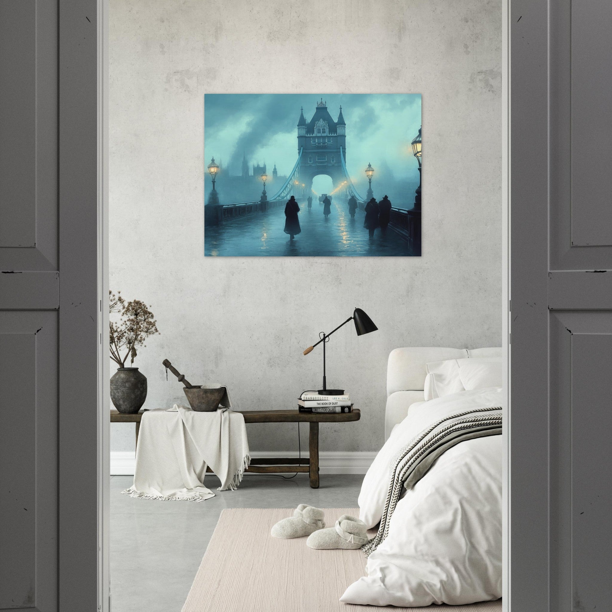 Fine Art Poster Landscape - Foggy London Bridge at Dawn A misty morning vie 2 - Shop Ai Art WebShop - Digital Art online Store