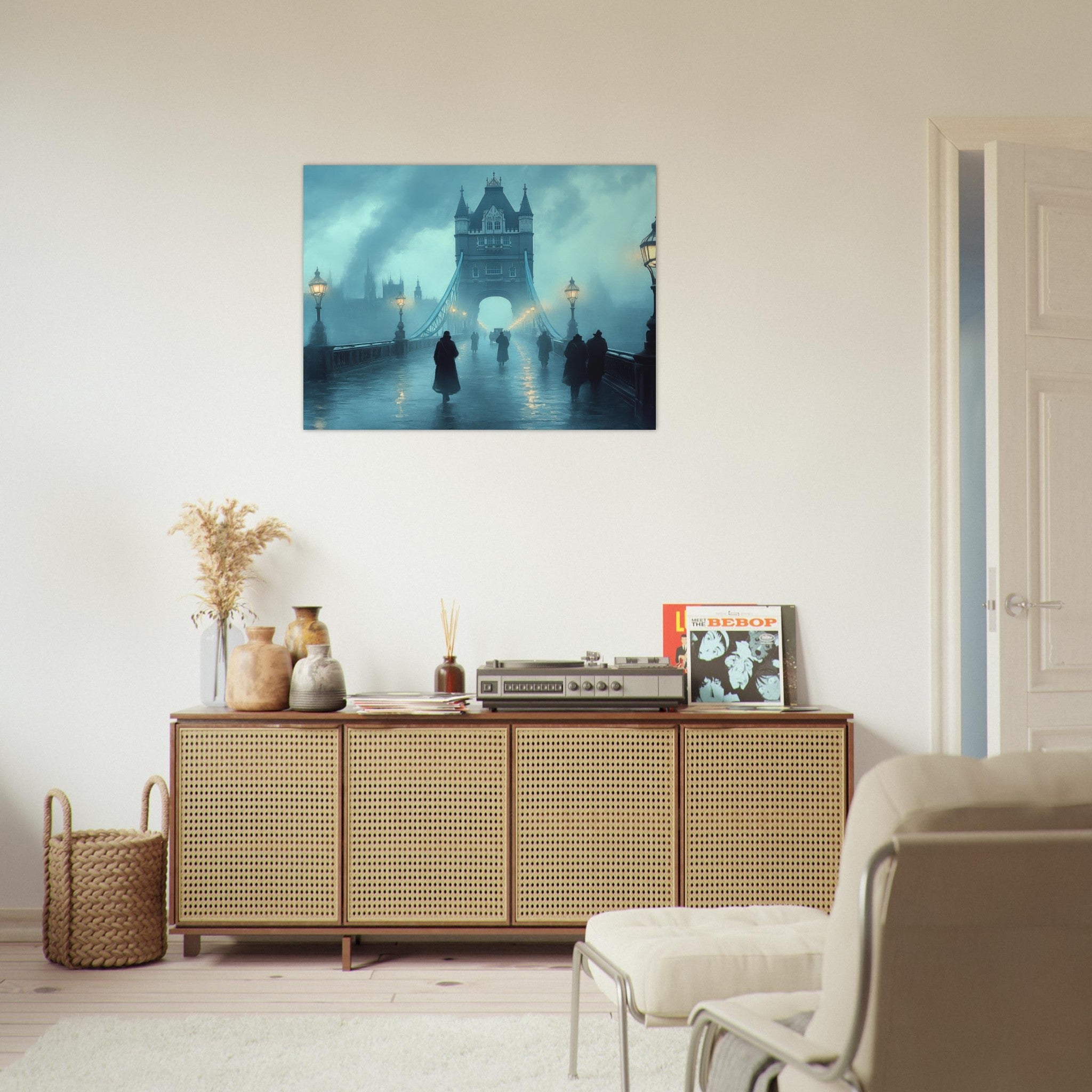 Fine Art Poster Landscape - Foggy London Bridge at Dawn A misty morning vie 2 - Shop Ai Art WebShop - Digital Art online Store
