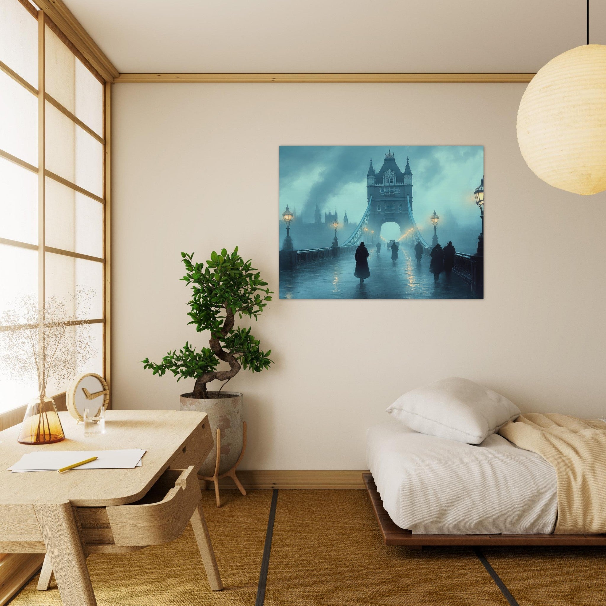 Fine Art Poster Landscape - Foggy London Bridge at Dawn A misty morning vie 2 - Shop Ai Art WebShop - Digital Art online Store