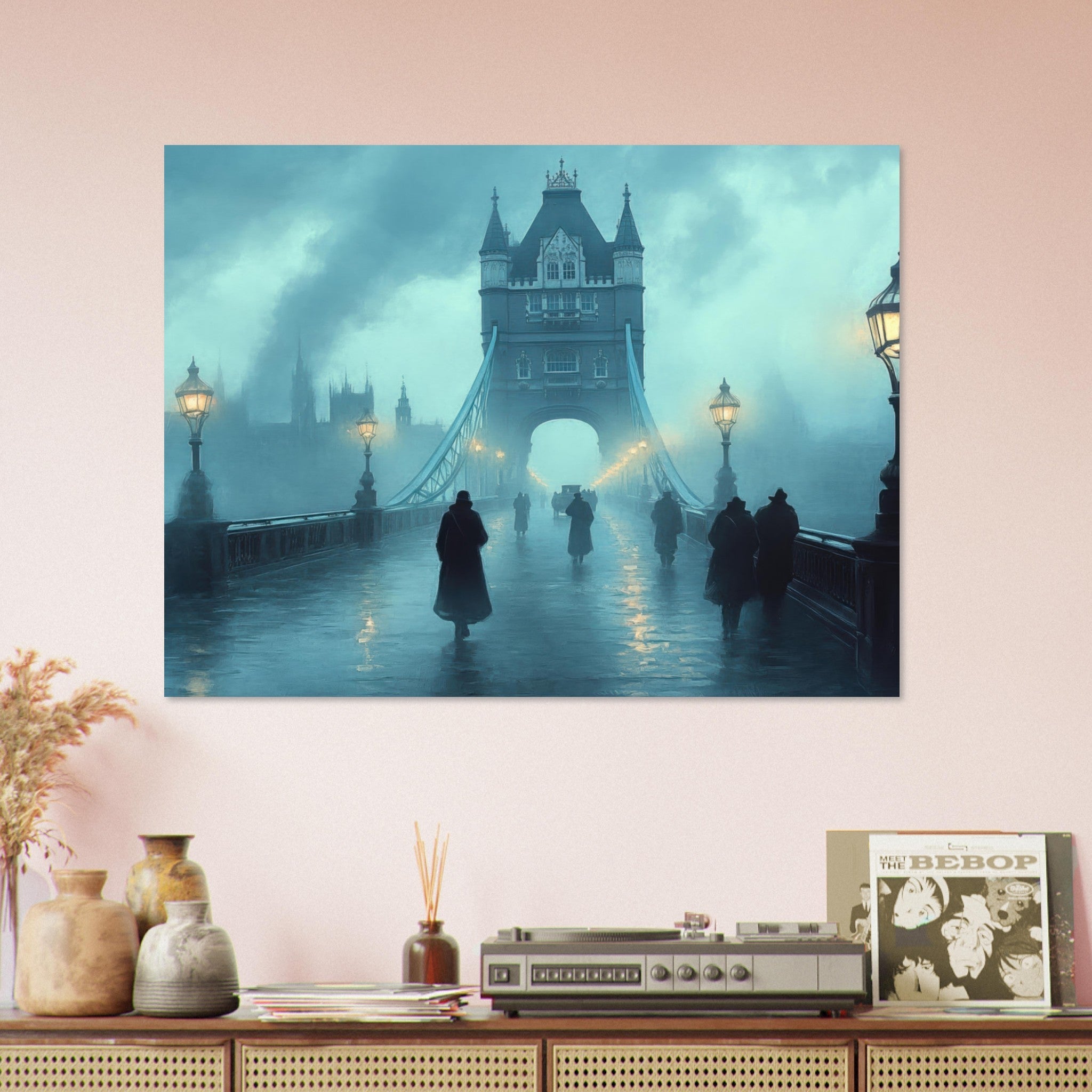 Fine Art Poster Landscape - Foggy London Bridge at Dawn A misty morning vie 2 - Shop Ai Art WebShop - Digital Art online Store