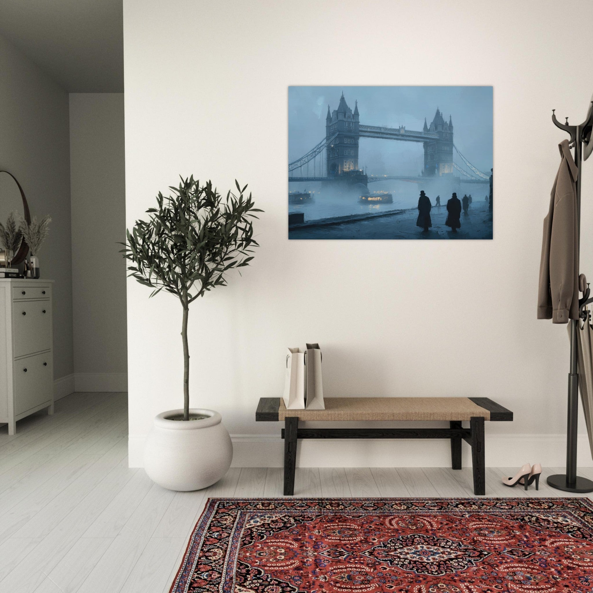 Fine Art Poster Landscape - Foggy London Bridge at Dawn A misty morning vie 3 - Shop Ai Art WebShop - Digital Art online Store