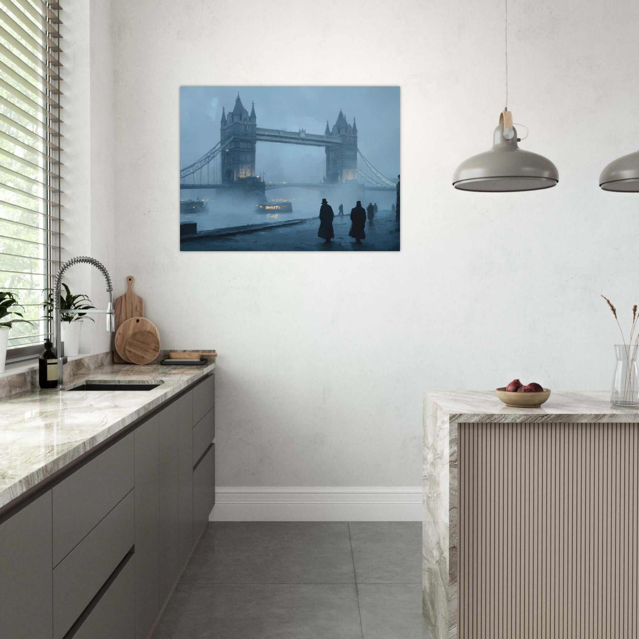 Fine Art Poster Landscape - Foggy London Bridge at Dawn A misty morning vie 3 - Shop Ai Art WebShop - Digital Art online Store