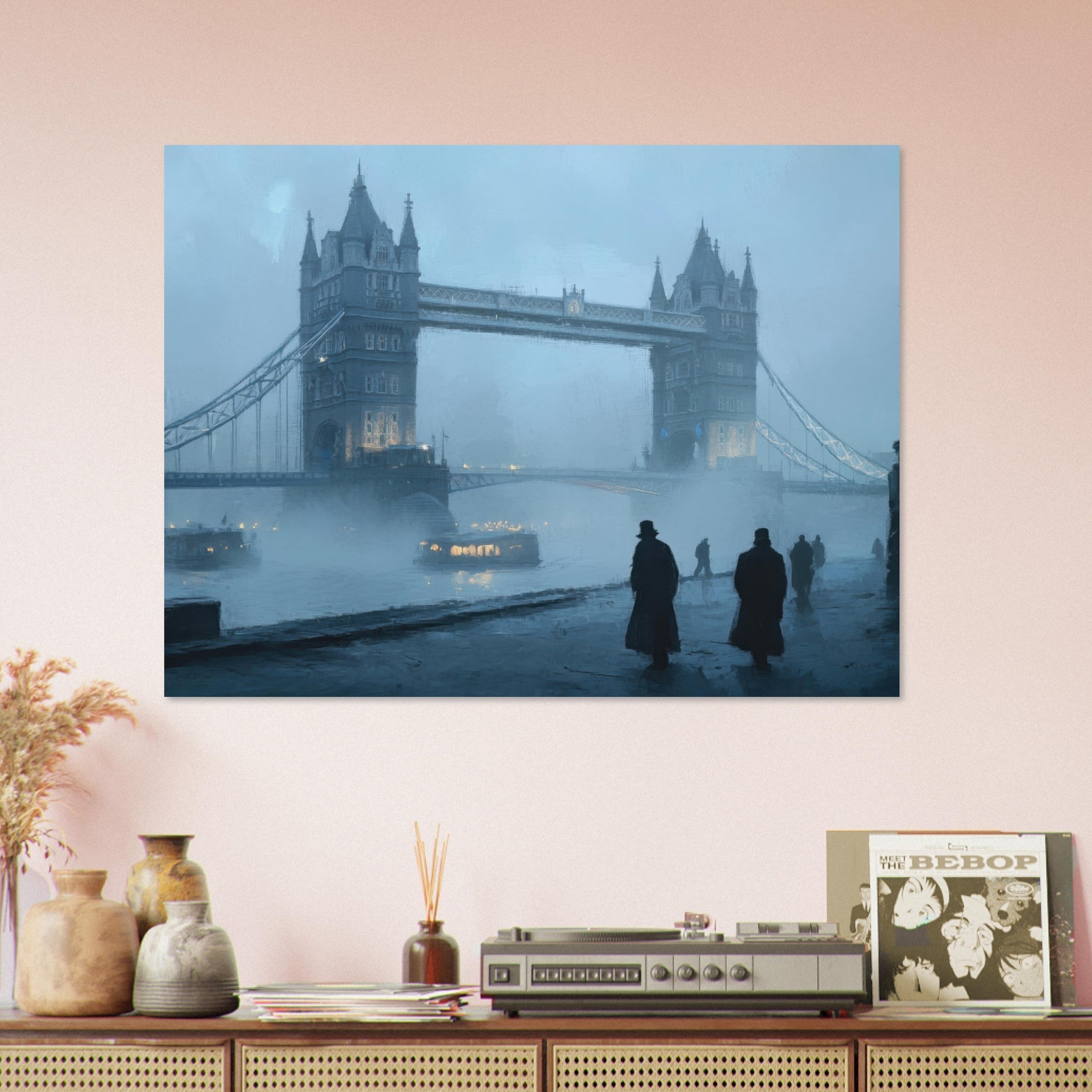 Fine Art Poster Landscape - Foggy London Bridge at Dawn A misty morning vie 3 - Shop Ai Art WebShop - Digital Art online Store