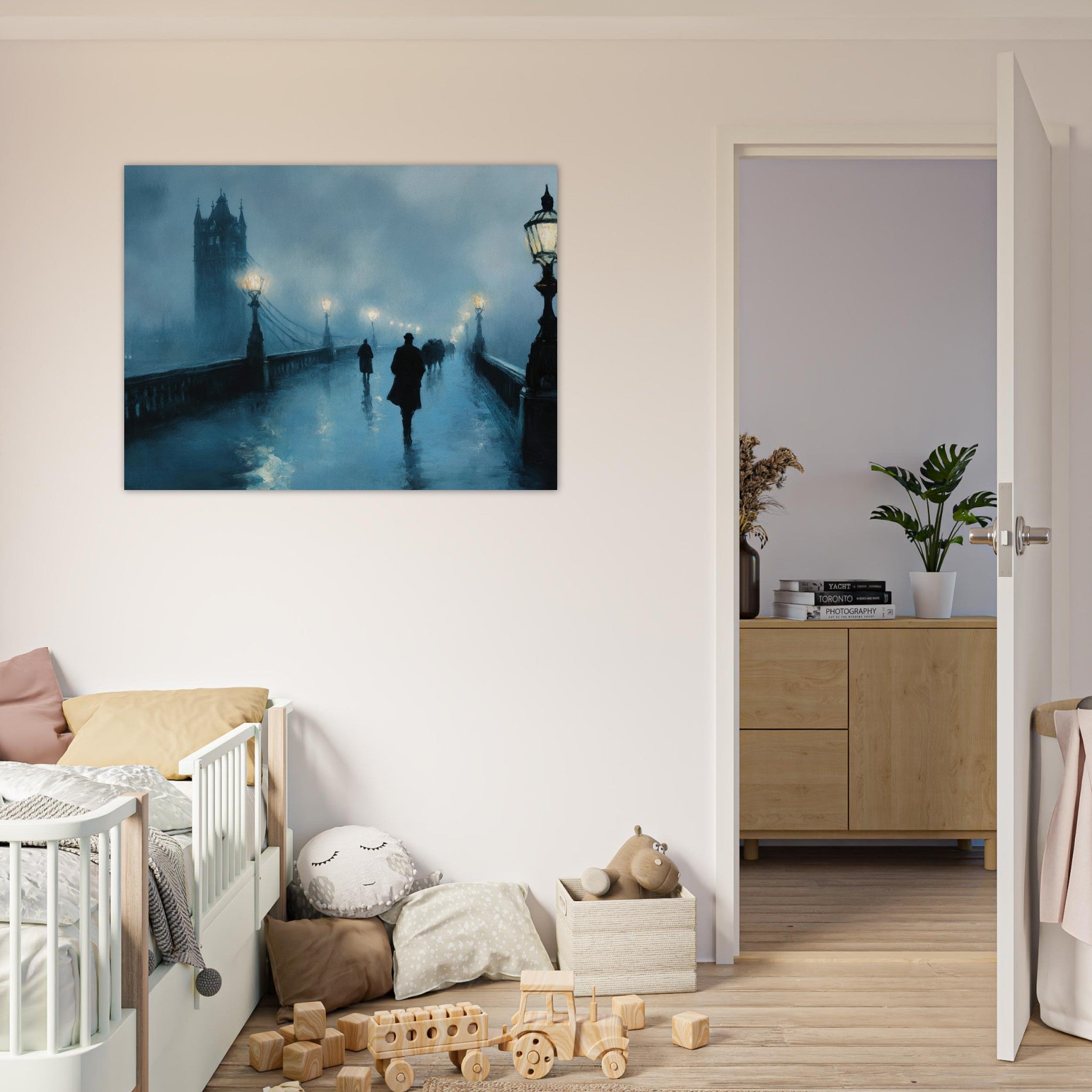 Fine Art Poster Landscape - Foggy London Bridge at Dawn A misty morning vie - Shop Ai Art WebShop - Digital Art online Store