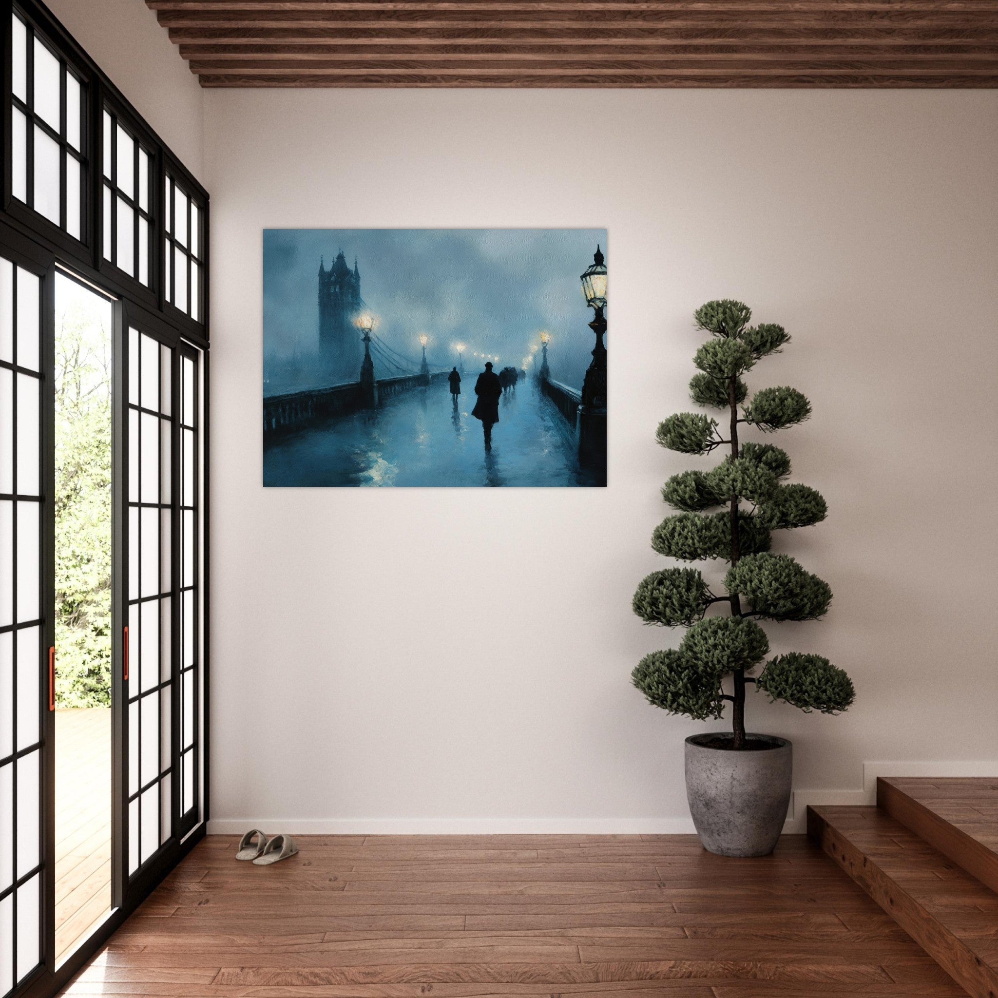 Fine Art Poster Landscape - Foggy London Bridge at Dawn A misty morning vie - Shop Ai Art WebShop - Digital Art online Store