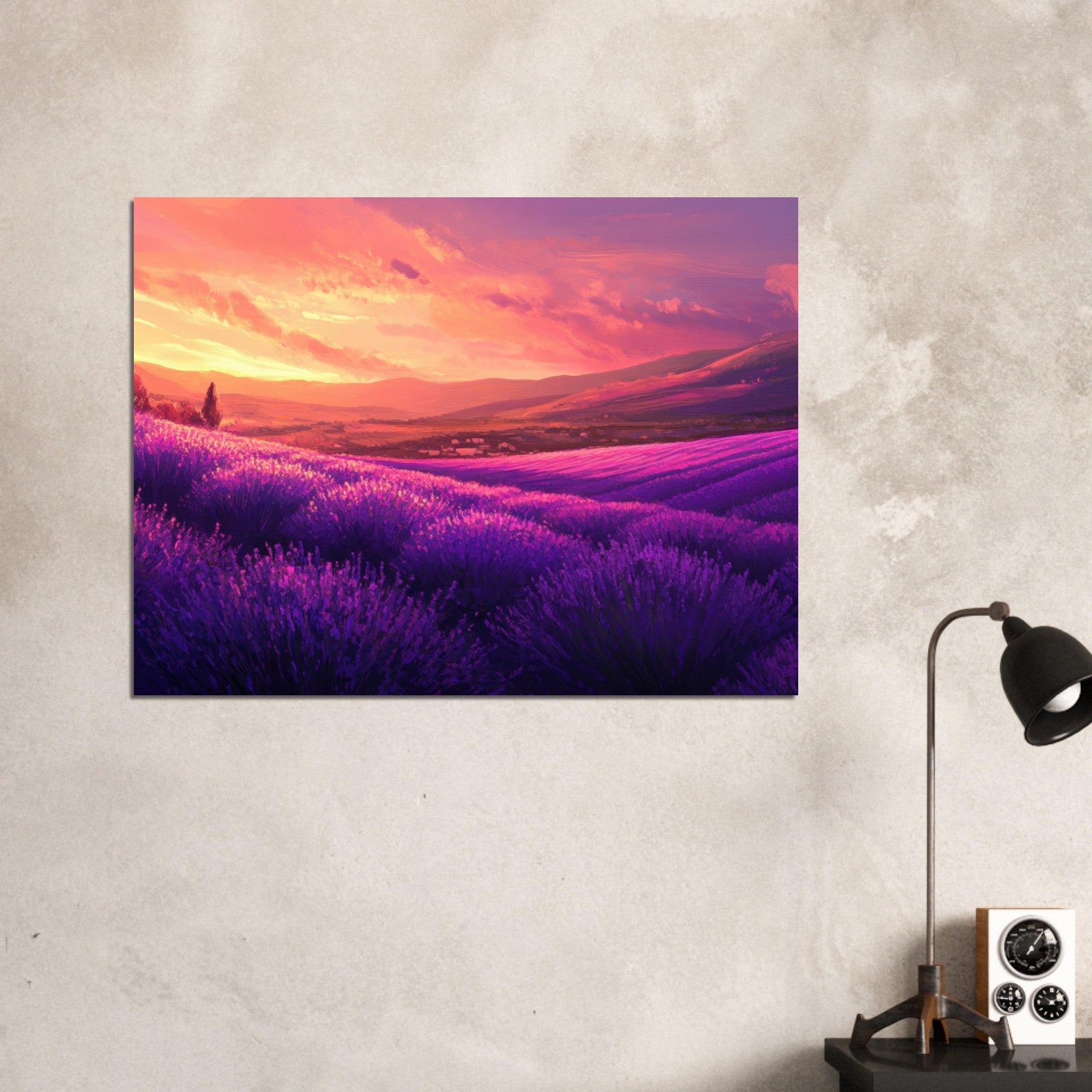 Fine Art Poster Landscape - Rolling lavender fields under a pink - hued sunset 2 - Shop Ai Art WebShop - Digital Art online Store